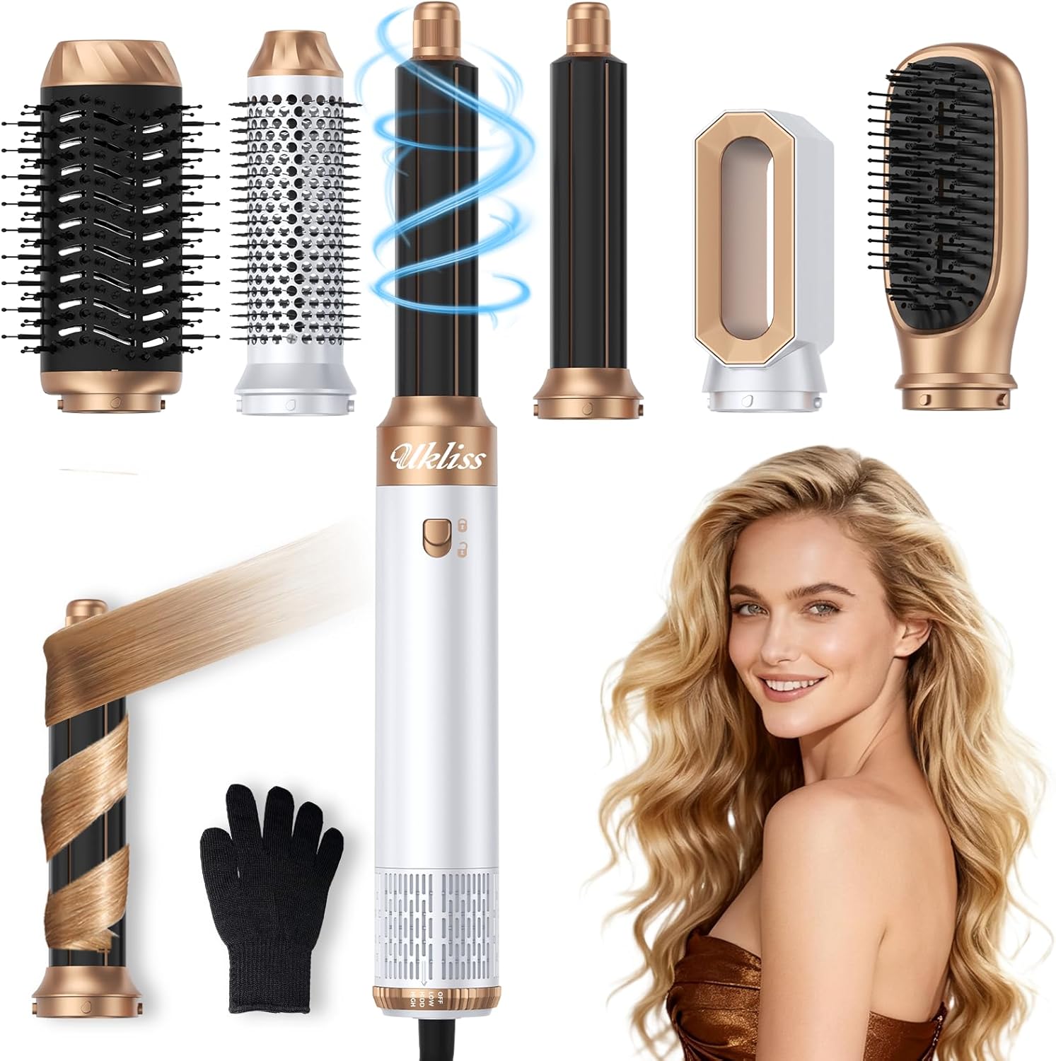 Ukliss 6 in 1 Blow Dryer Brush & Air Styler, Ionic Hair Dryer with AutoWrap Hair Styler Straightener & Volumizing Brush for Fine/Thick Hair Fast Drying Frizz-Free Salon & Travel Use (ALCI Plug)