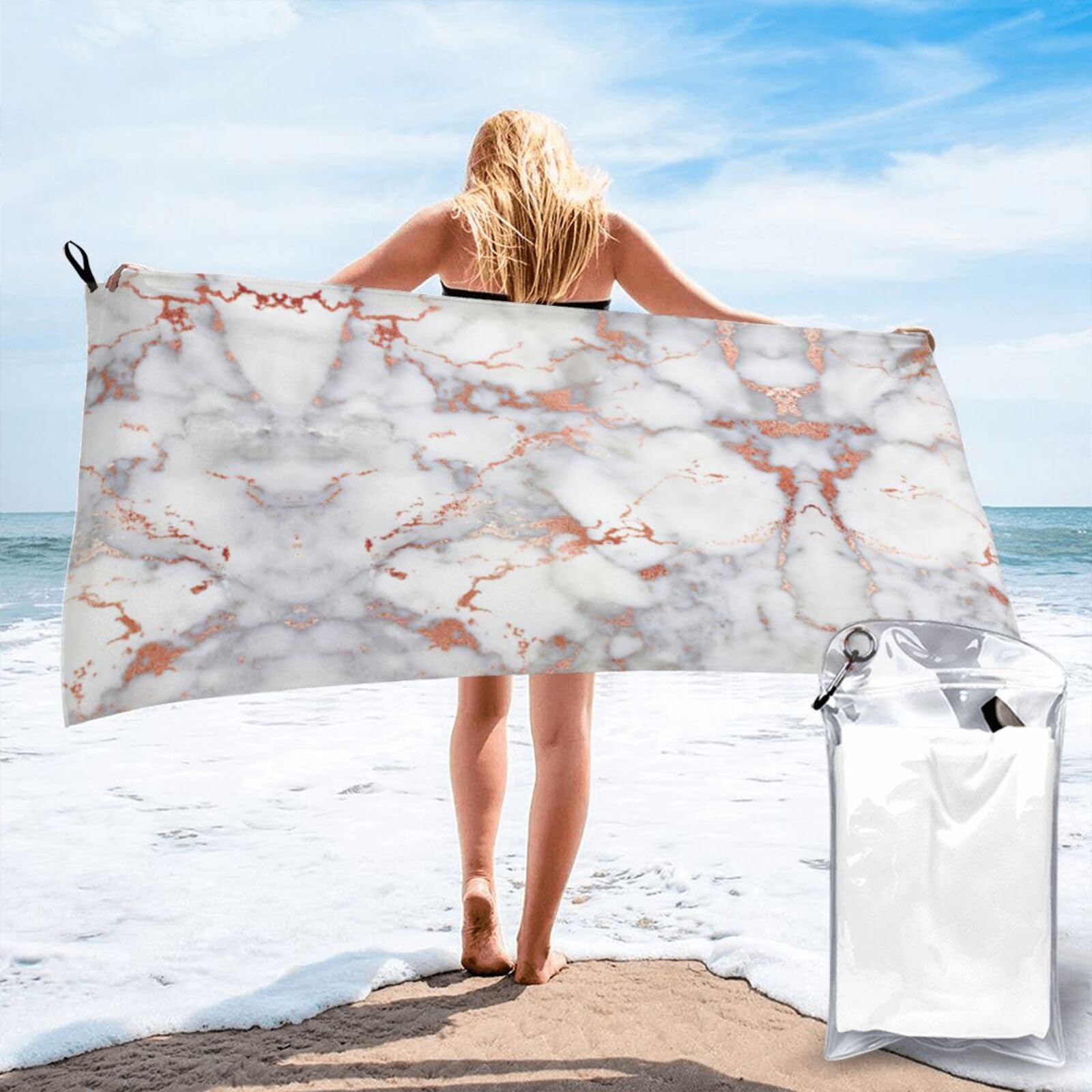 WYCZHY Rose Gold Marble Print Beach Towel Soft Quick Dry For Spa Pool Gym Vacation Travelers Women Men Adults Sauna Gift