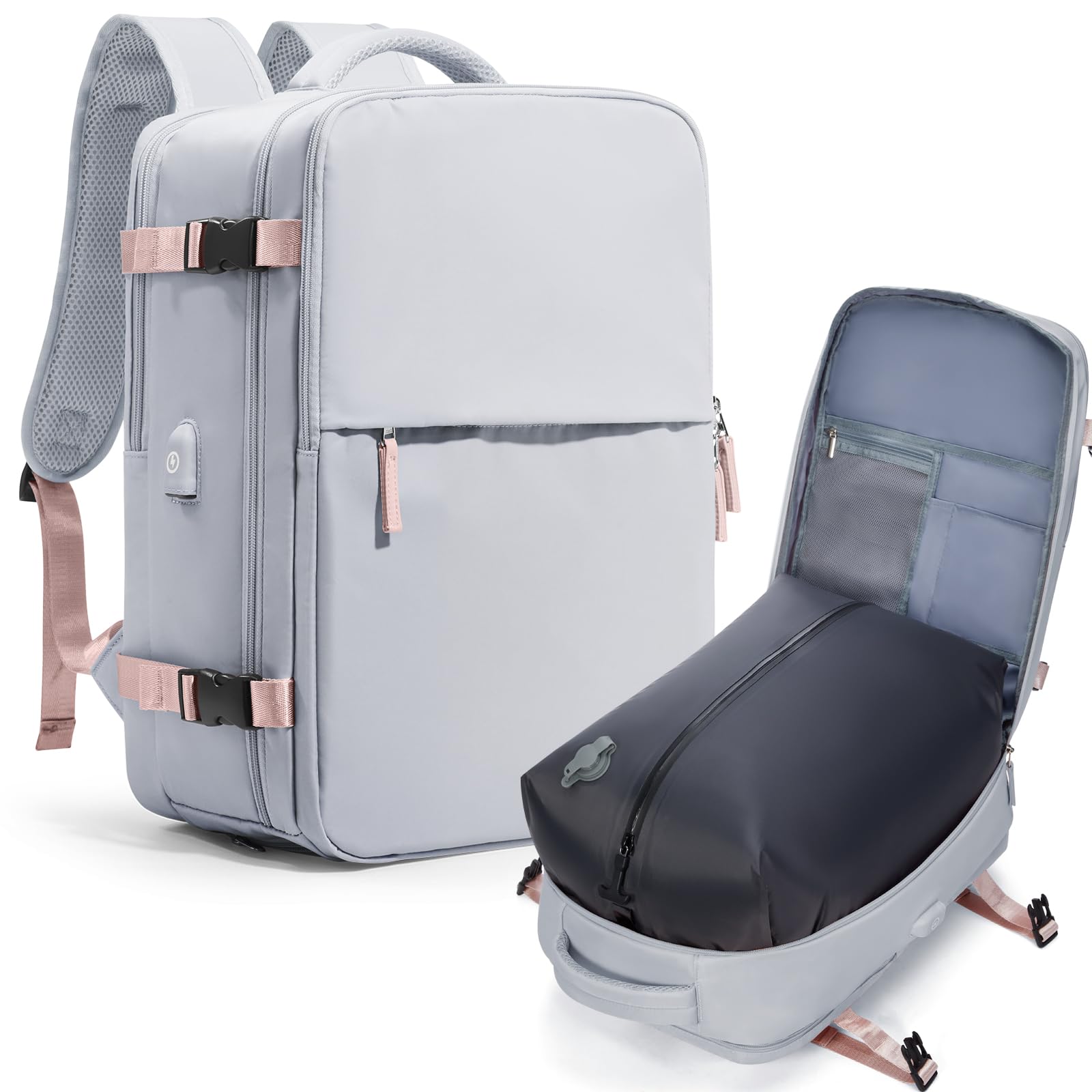 Vacuum Backpack Travel for Women Men Large Carry on Backpack Luggage Flight Approved Personal item Travel Bag with Vacuum System Grey without Pump