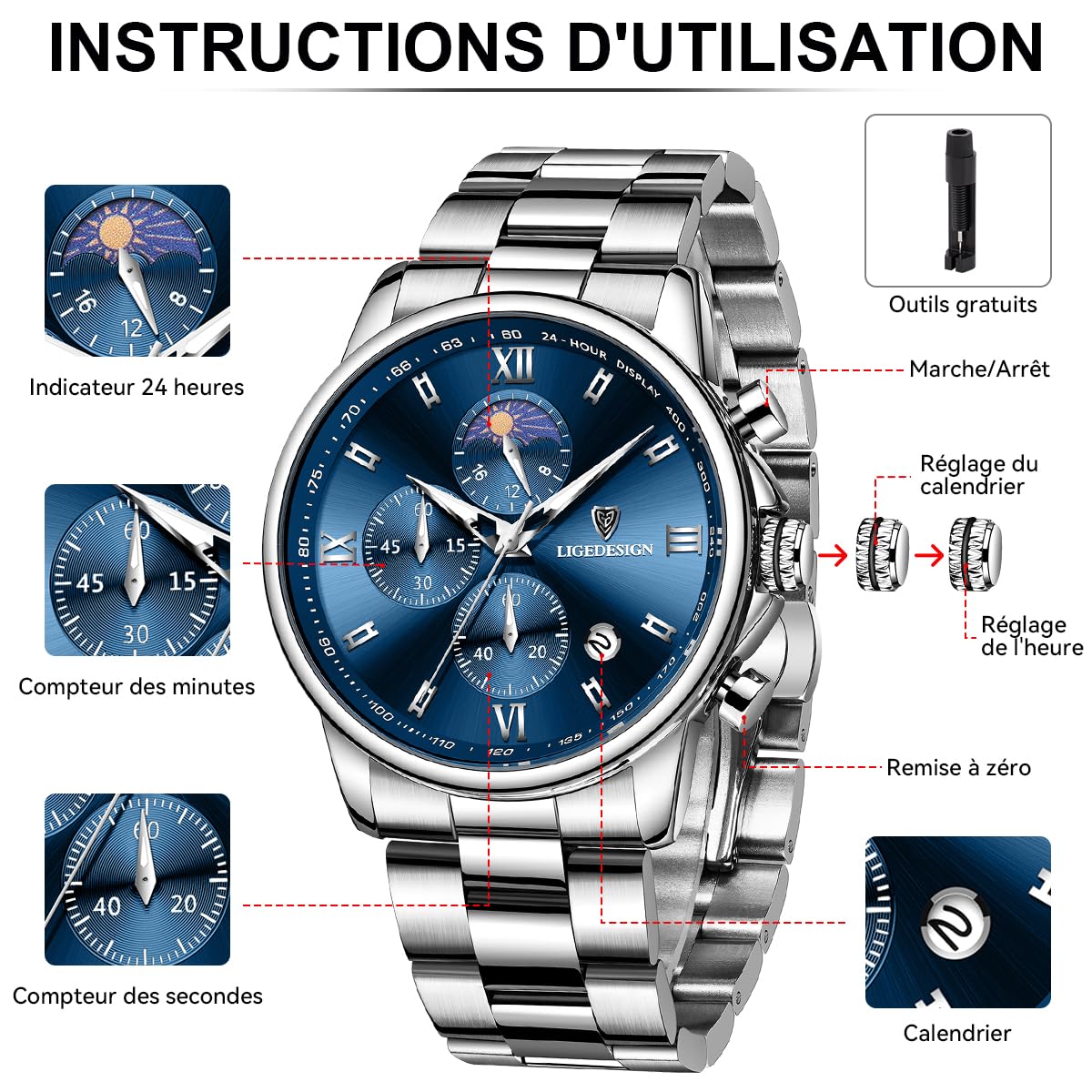 LIGE Montre Homme - Montre Quartz Élégante avec Cadran Bleu Chronographe