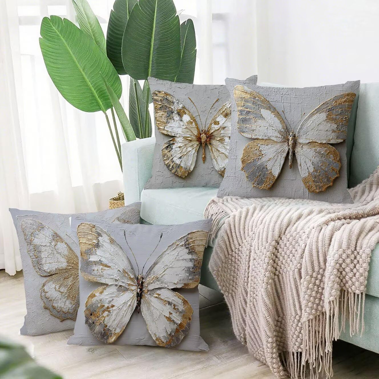 Federe Cuscini Divano 60x60cm, Set Di 4 Cuscini Per Divano Farfalla Velluto, Quadrato federe cuscino letto Le ali, Cuscini Da Esterno Impermeabili, Applicabile Soggiorno E Camera Da Letto Decor B-303