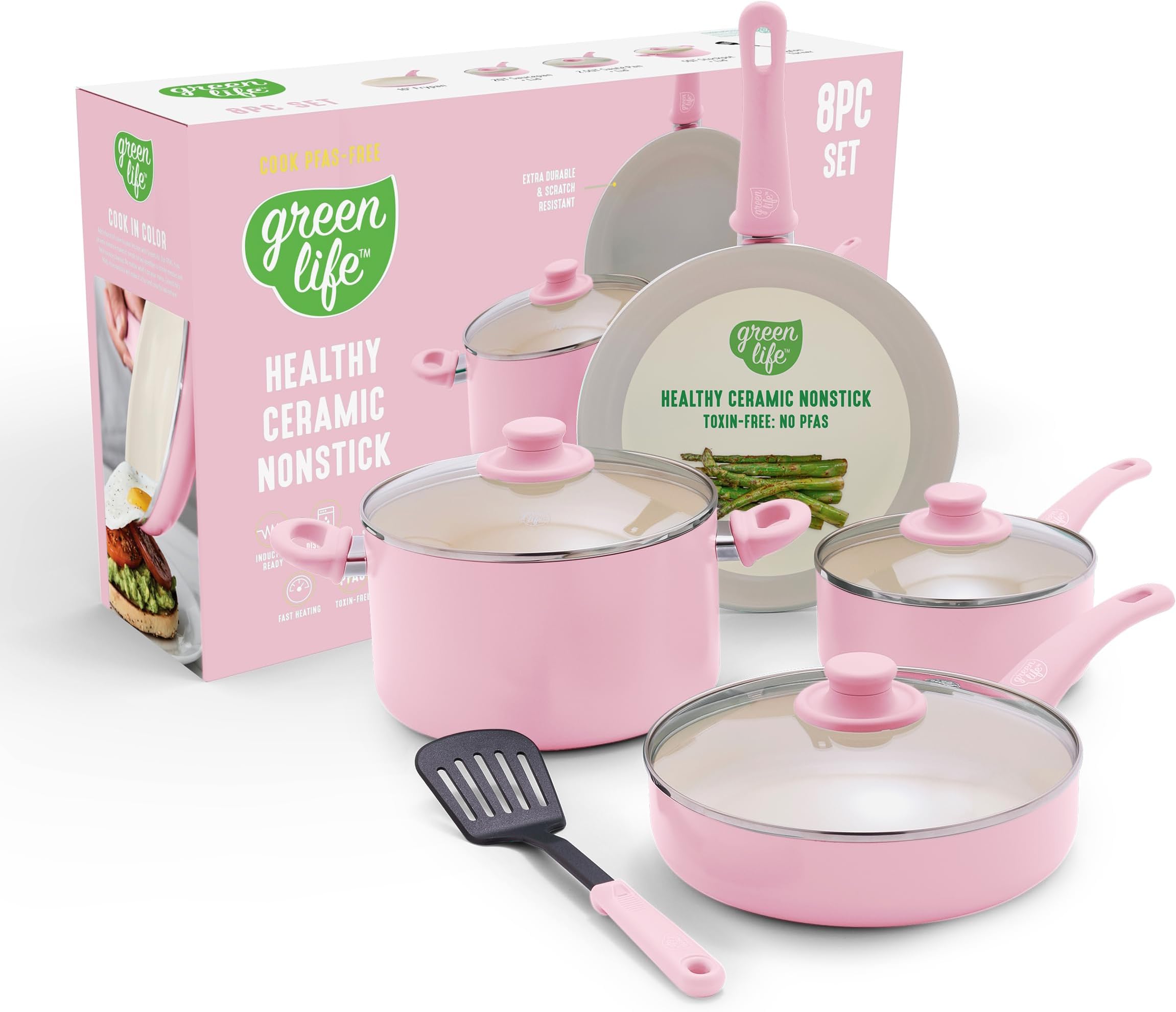 GreenLife Soft Grip 8 Piece Cookware Set, Non-Toxic PFAS-Free Ceramic Nonstick, Frying, Sauce, Sauté, Utensils, Glass Lids, Stay-Cool Handles, Wobble Free, Dishwasher & Oven Safe, Soft Pink