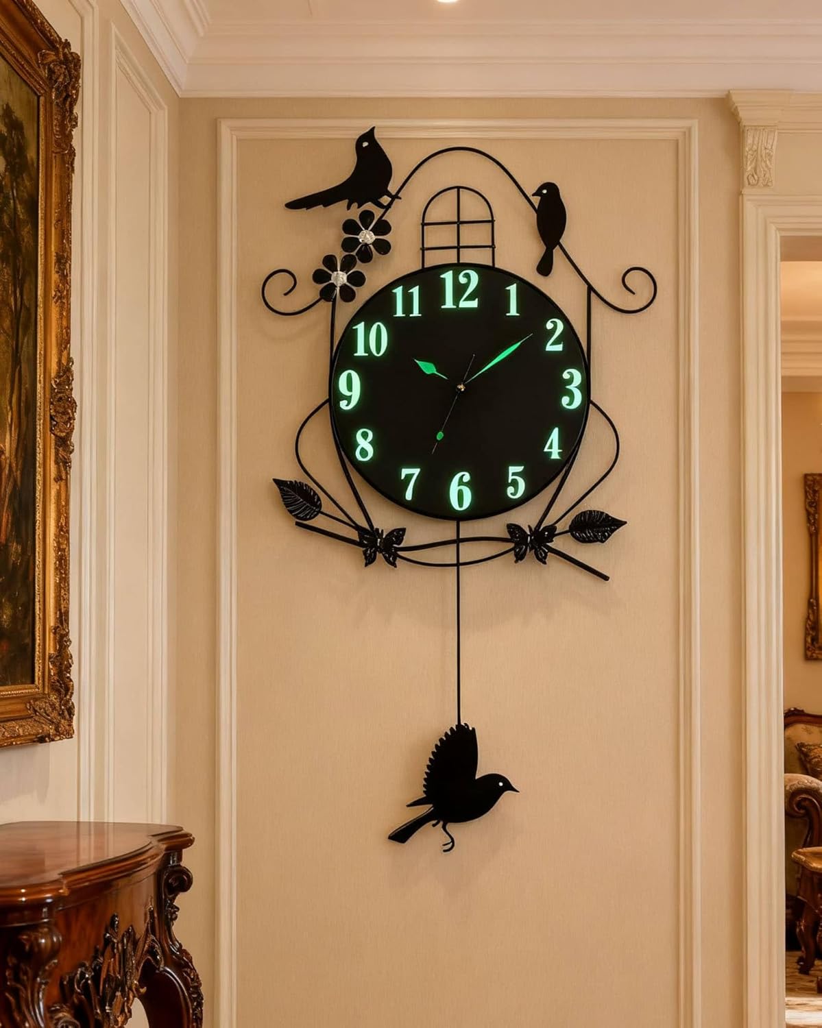 Modern Black Pendulum Wall Clock with Bird Design - Silent Non-Ticking Movement, Large Dials for Living Room and Office Decor,A