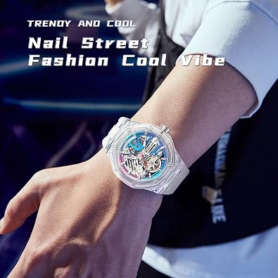 SKMEI Men's Mechanical Watches with Luminous Automatic Wrist Watches Gradient Color Spray Craft Hollow Flywheel