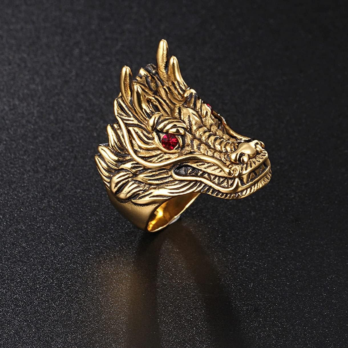Dragon Ring,Gold Dragon Head Ring for Men, Gothic Ruby Eye Gold Dragon Ring Stainless Steel Punk Dragon Red Stone Ring for Men - Image 3