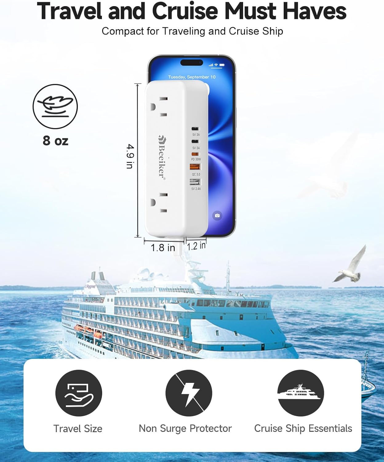 Beeiker 30W 3 USB C Travel Power Strip- 5Ft Extension Cord with 5 USB and 4 Outlets, Compact Flat Plug Small Extension Cord for Travel Cruise College Dorm Office White
