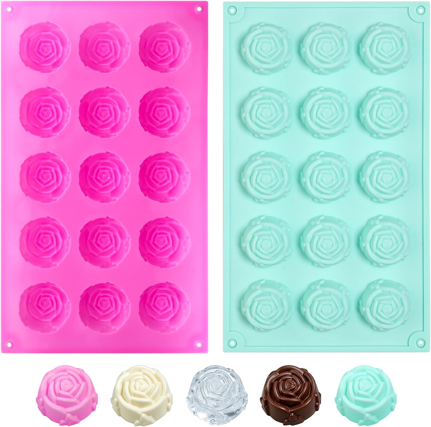 2 Pcs Rose Silicone Chocolate Molds 15 Cavity Silicone Roses Flower Molds for Chocolate Ice Cube Fondant Candy Cake Decorations