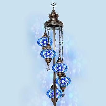 Turkish Mosaic Glass Big 7'' 5 Globe, Bohemian Floor Lamp with Stained Glass Shade - Unique Art Deco Corner Light - Moroccan Design - Tiffany Style Nightstand Lamp for Living Room (Blue Flower)