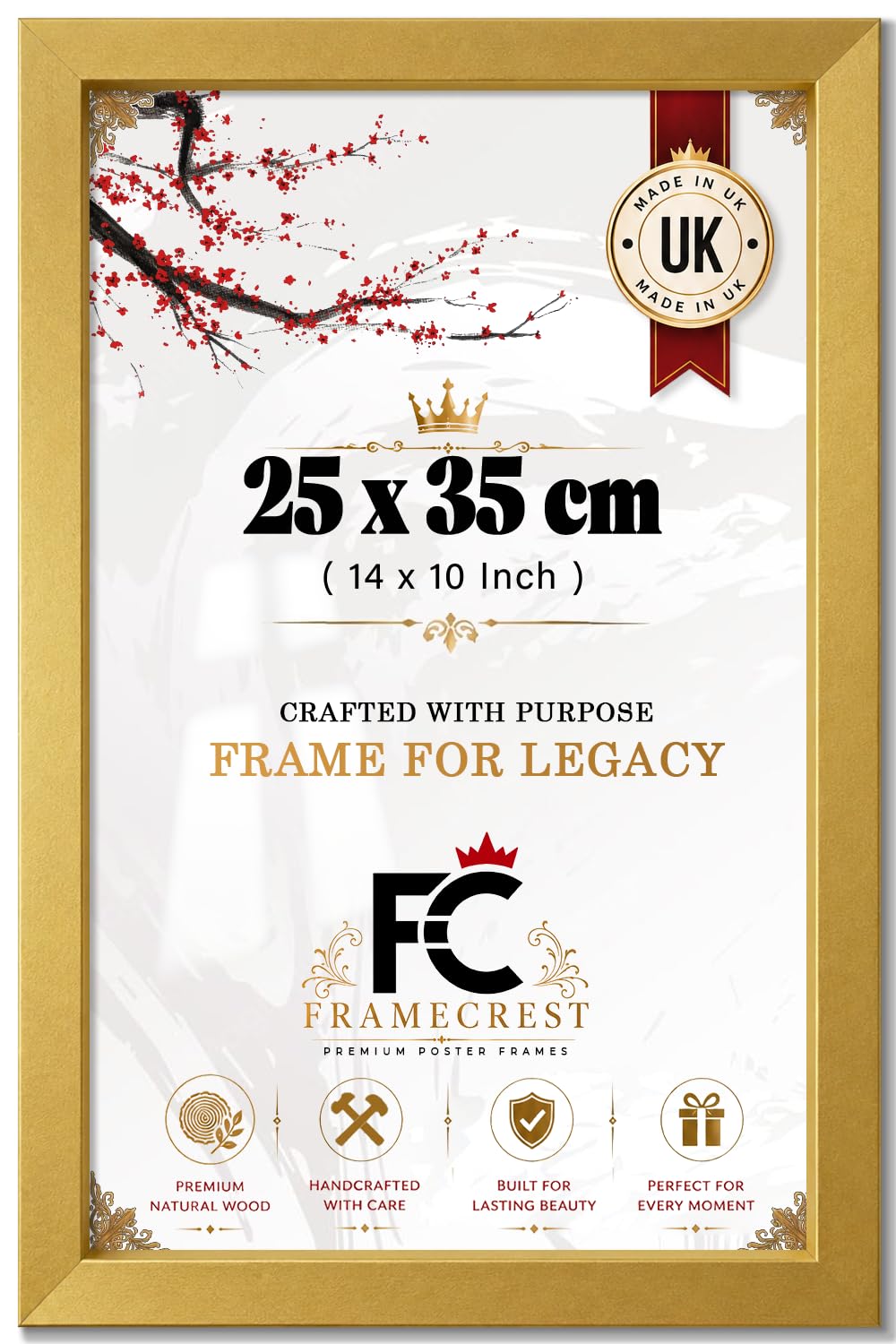 FRAMECREST LTD 25 X 35 CM Poster Frame, Wall Mount Art Frame For Prints, Solid Engineered Wood, Clear Styrene, Jigsaw Photo, Certificate Hanger (14 X 10 INCH) — Office Gallery Display - [Gold]