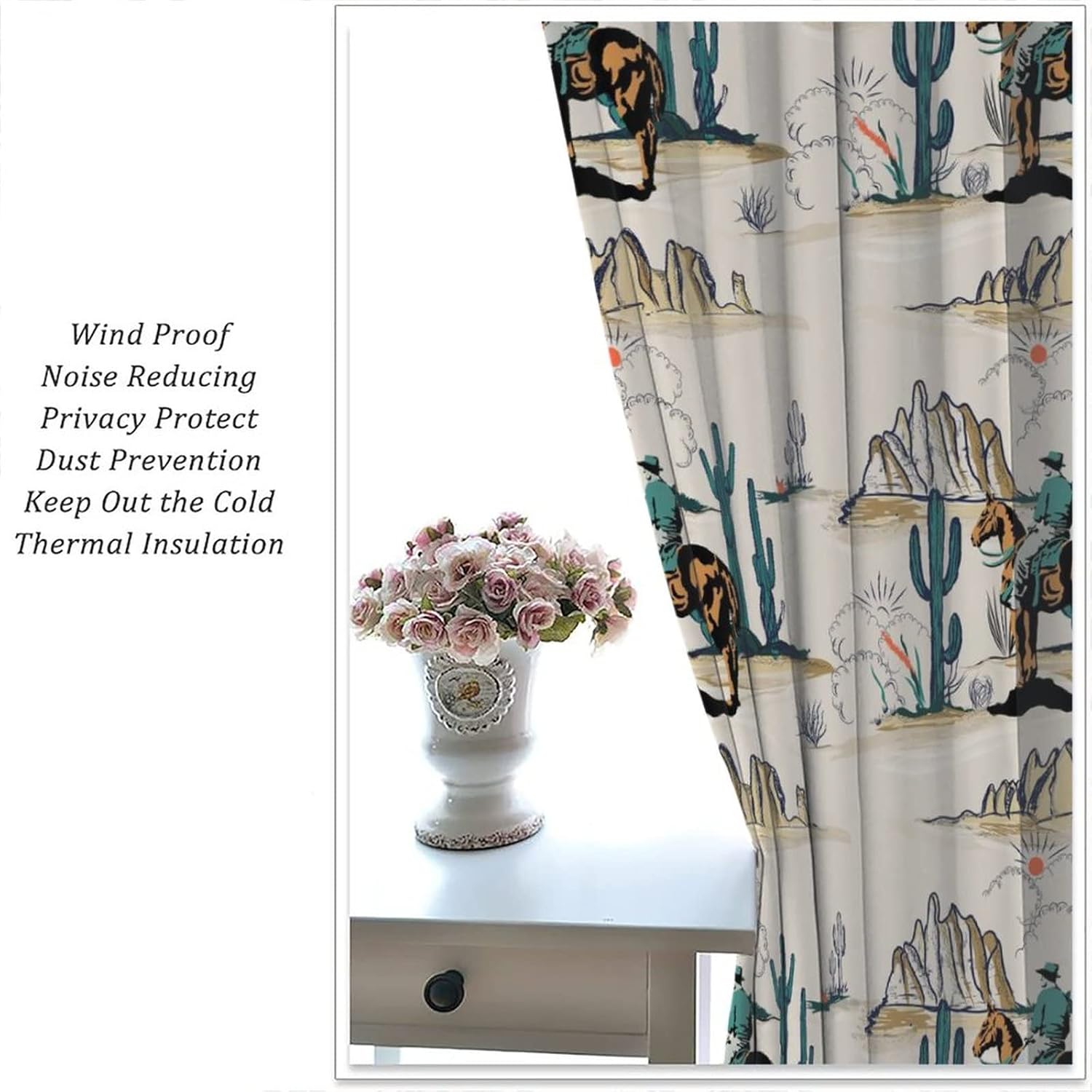 Farmhouse Western Cowboy Blackout Curtains,Western Cowboy Riding Horse in Wild Tropical Cactus Window Drapes Rod Pocket Thermal Insulated Room Darkening Blackout Curtains 2 Panels 63L x 27.5W