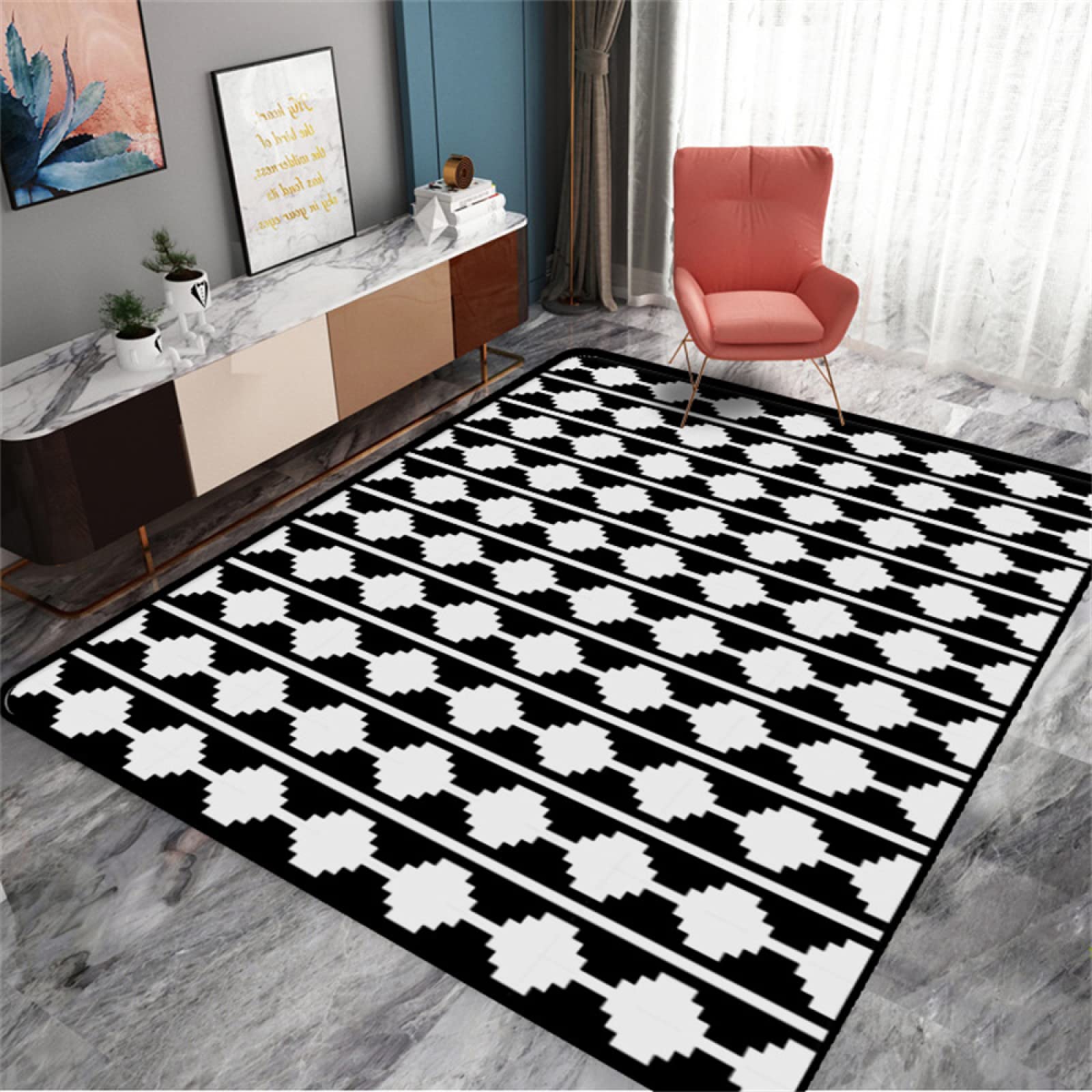 Décoration terrasse extérieur noir tapis haut de gamme géométrique