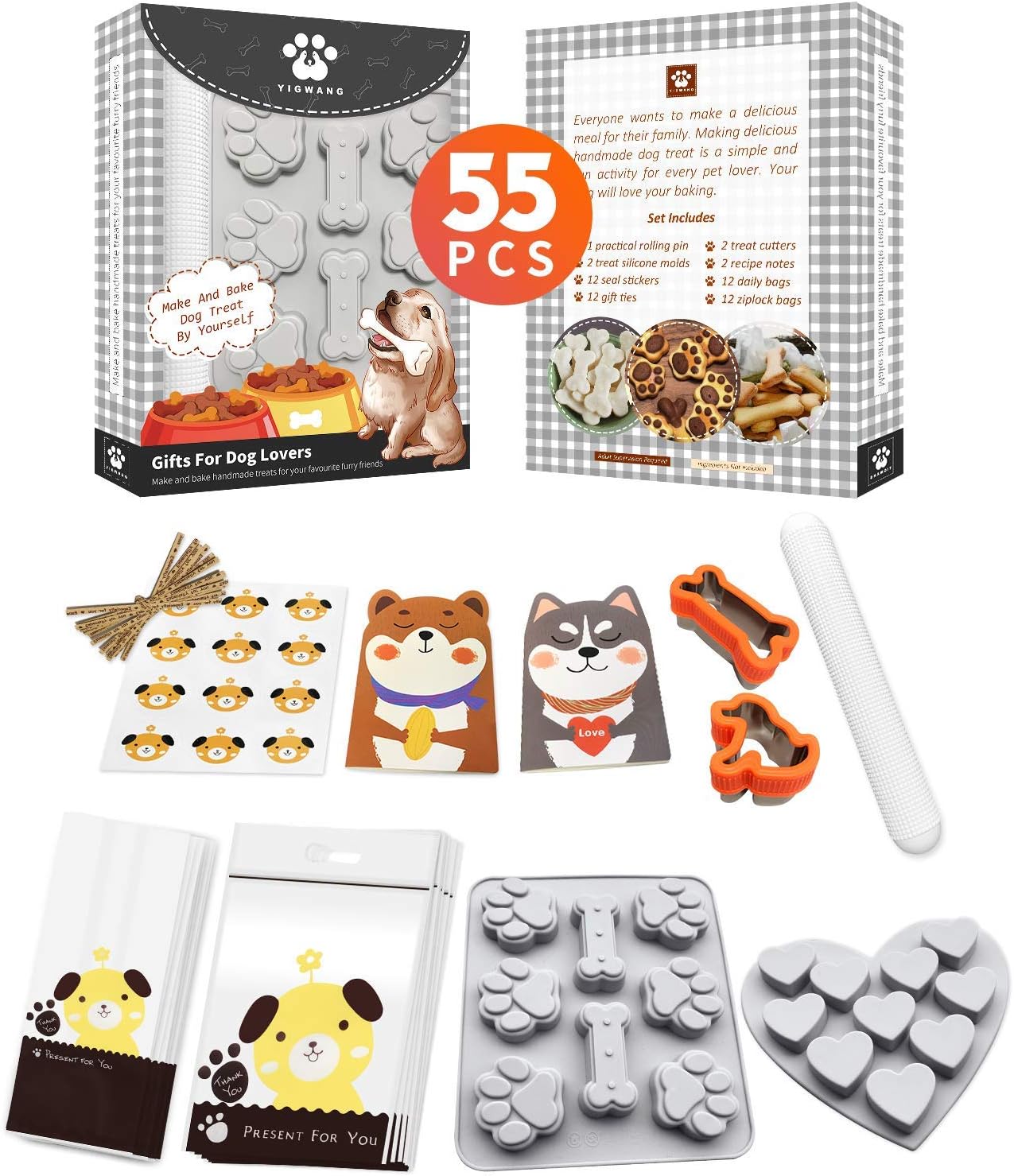 55 Pcs Dog Treat Maker, Make Your Own Dog Treats Kit for Kids, Including 2 Cookie Cutters and Mold, 2 Recipes Book, 24 Bags, etc.