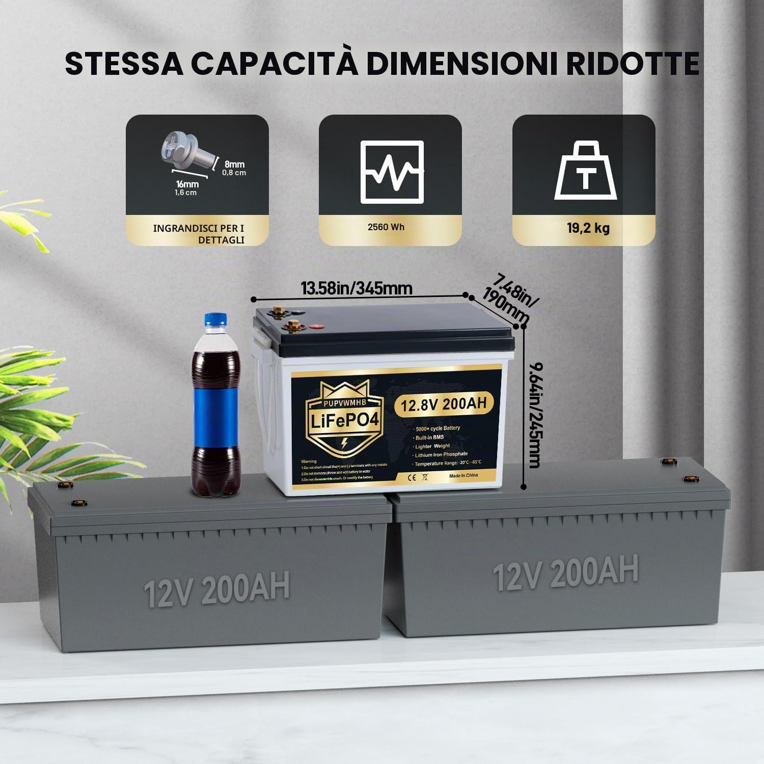 Batteria al litio Mini LiFePO4, 12 V, 200 Ah, 200 A, BMS, fino a 15000 cicli, max. 2560 Wh di energia con spegnimento a bassa temperatura, perfetta per camper, solare, motore a traina