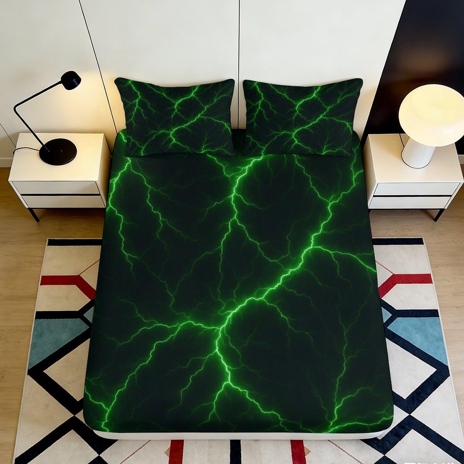 3D Printed Lightning Fitted Sheet Microfiber Non-Slip Deep Pocket Green Thunder Mattress Fitted Cover Full Wrap Bedding 140x200x25cm