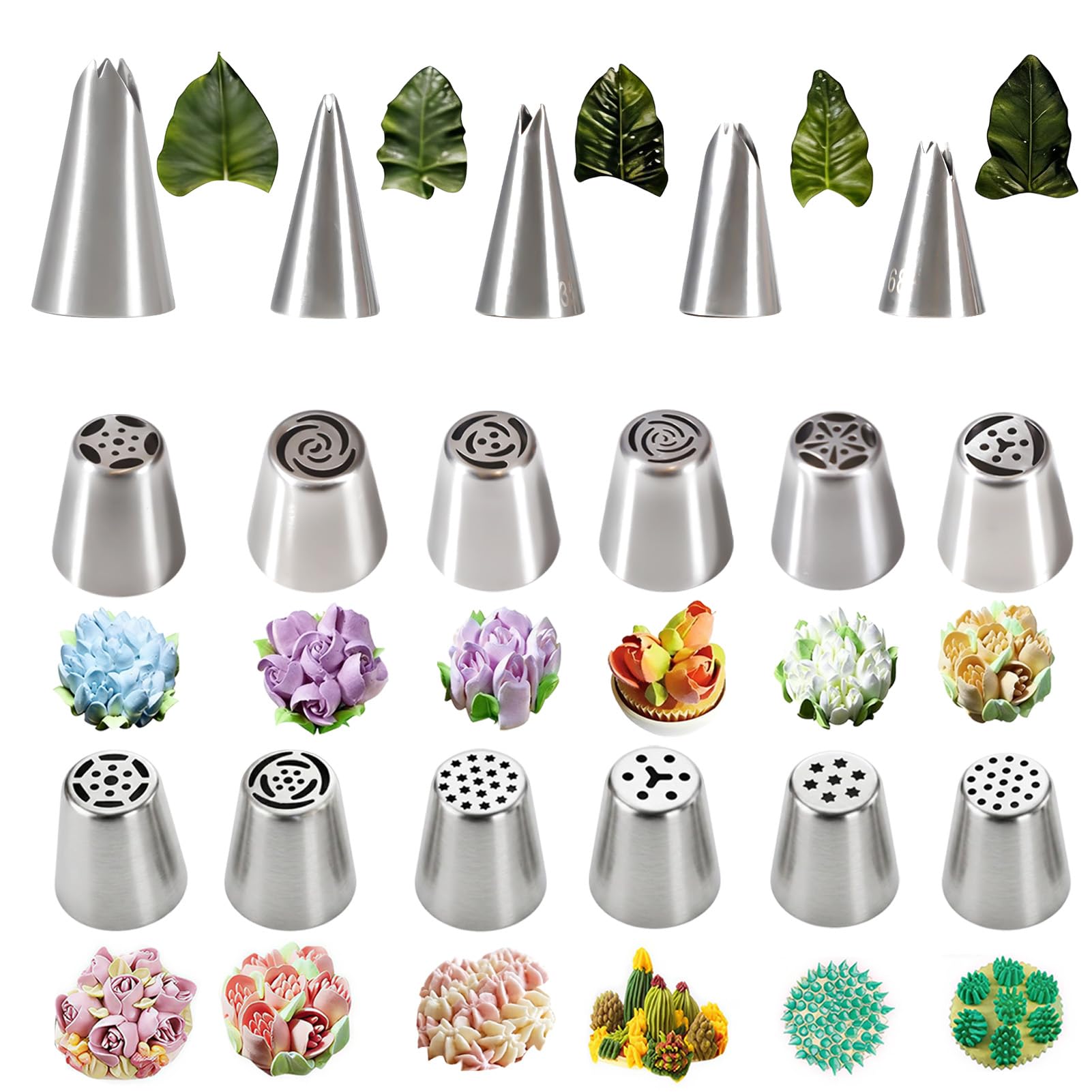 17 Pcs Russian Piping Nozzles, Stainless Steel Russian Piping Tips Set with 12 Flower and 5 Leaf Piping Nozzles, Russian Frosting Nozzles for Cake Decorating Icing Cream Flower Bouquet DIY Cookies