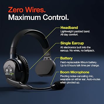 EARTEC UL4S Ultralite HD Wireless Intercom Headset System, 4-Person Full Duplex Communication, Single Ear, Up to 1000ft Range Professional-Grade, U.S. Company