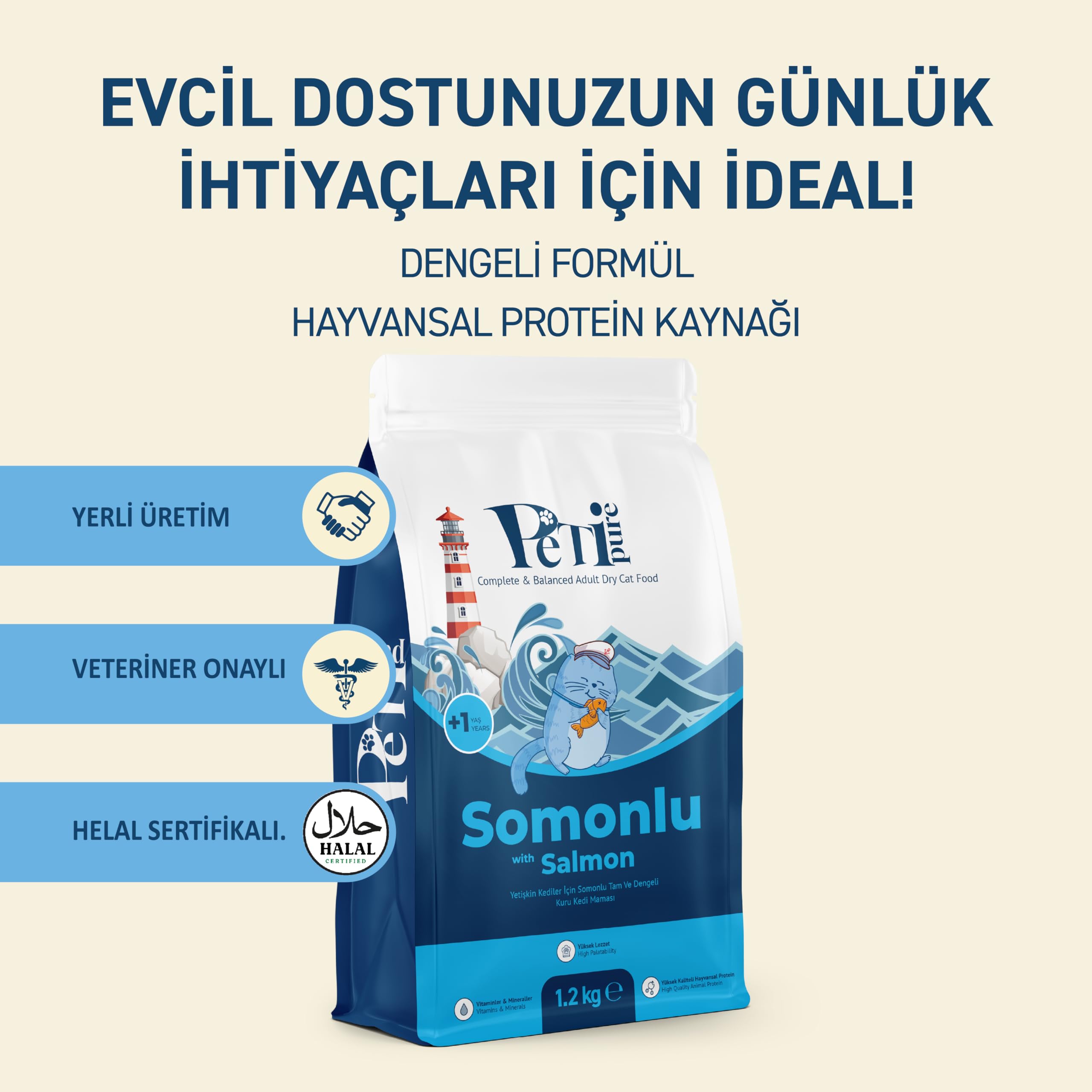 Petipure Kuru Yetişkin Kedi Maması - Besleyici Vitamin İlaveli Tam ve Dengeli Mama (1,2 Kg, Somon) (2 paketi)