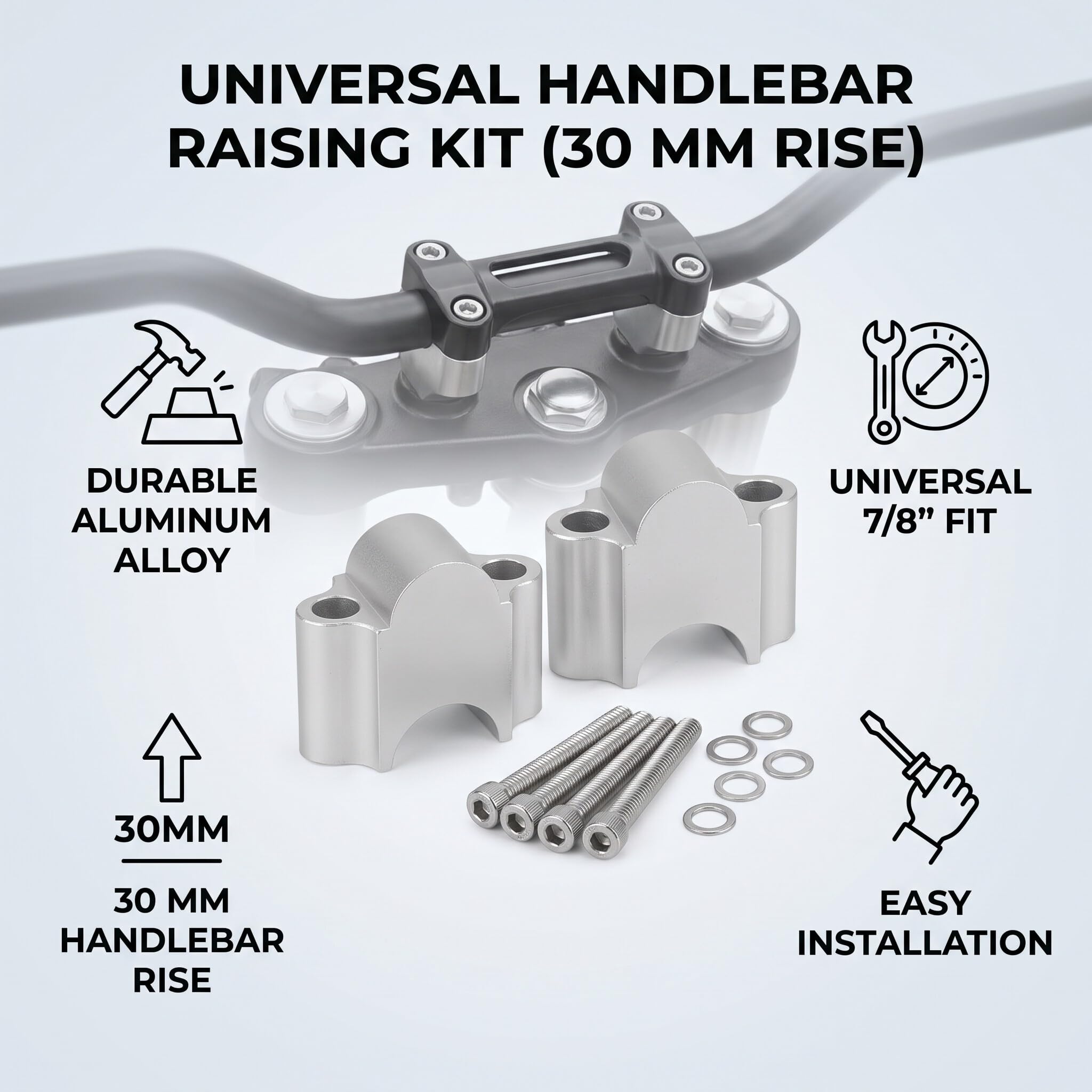 Riser Manubrio Moto, Riser Morsetto Manubrio, Riser Manubrio Universale in Lega di Alluminio 7/8 '' 22mm Morsetto Rialzato Manubrio Moto (Argento cromato)