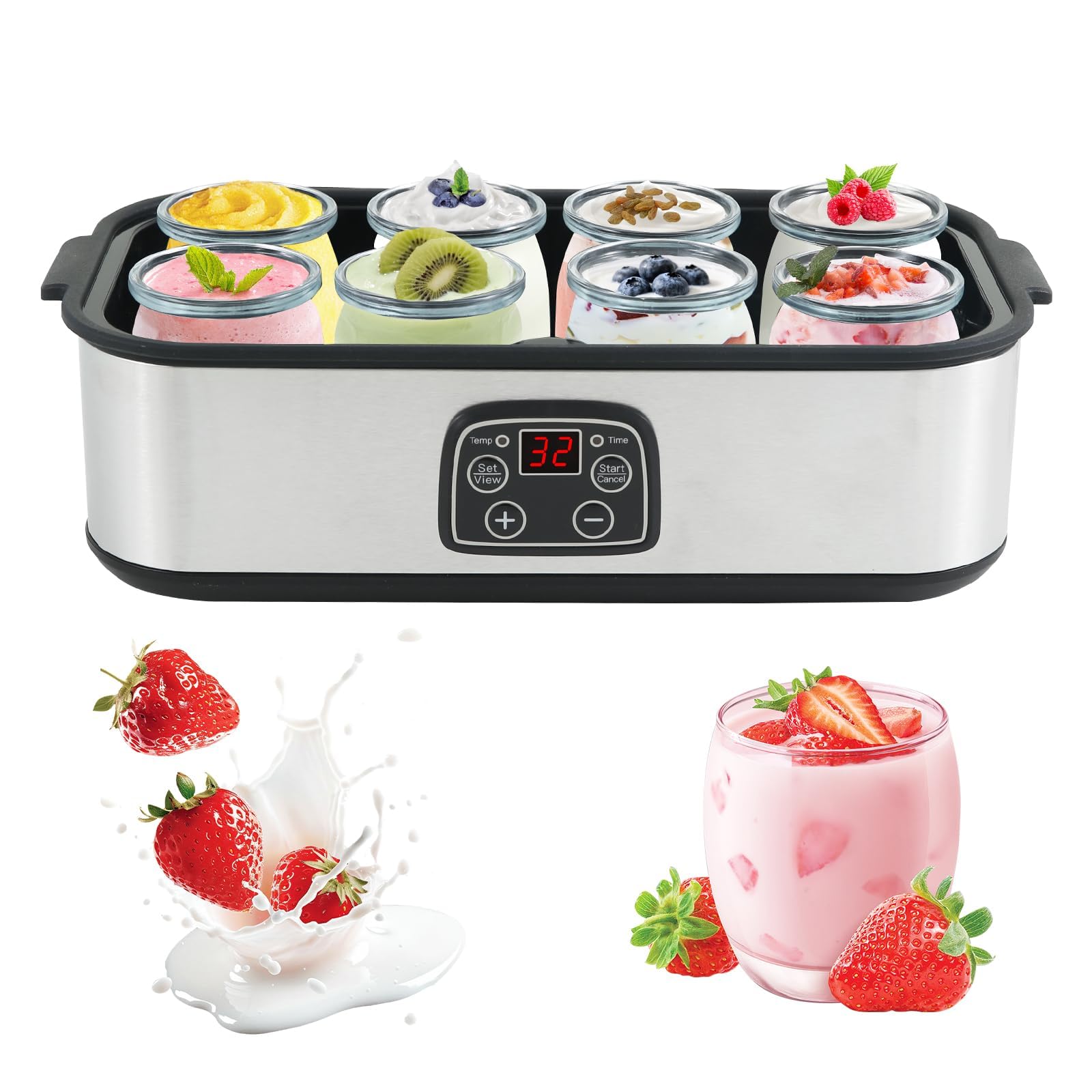 Yogurt Maker 1500ml with 8 Glass Jars, Stainless Steel Yogurt Maker Machine with LED Display, Adjustable Temp and 48H Timer, for Making Organic Yogurt, Healthy Homemade Desserts (8×180ml Glass Jars)