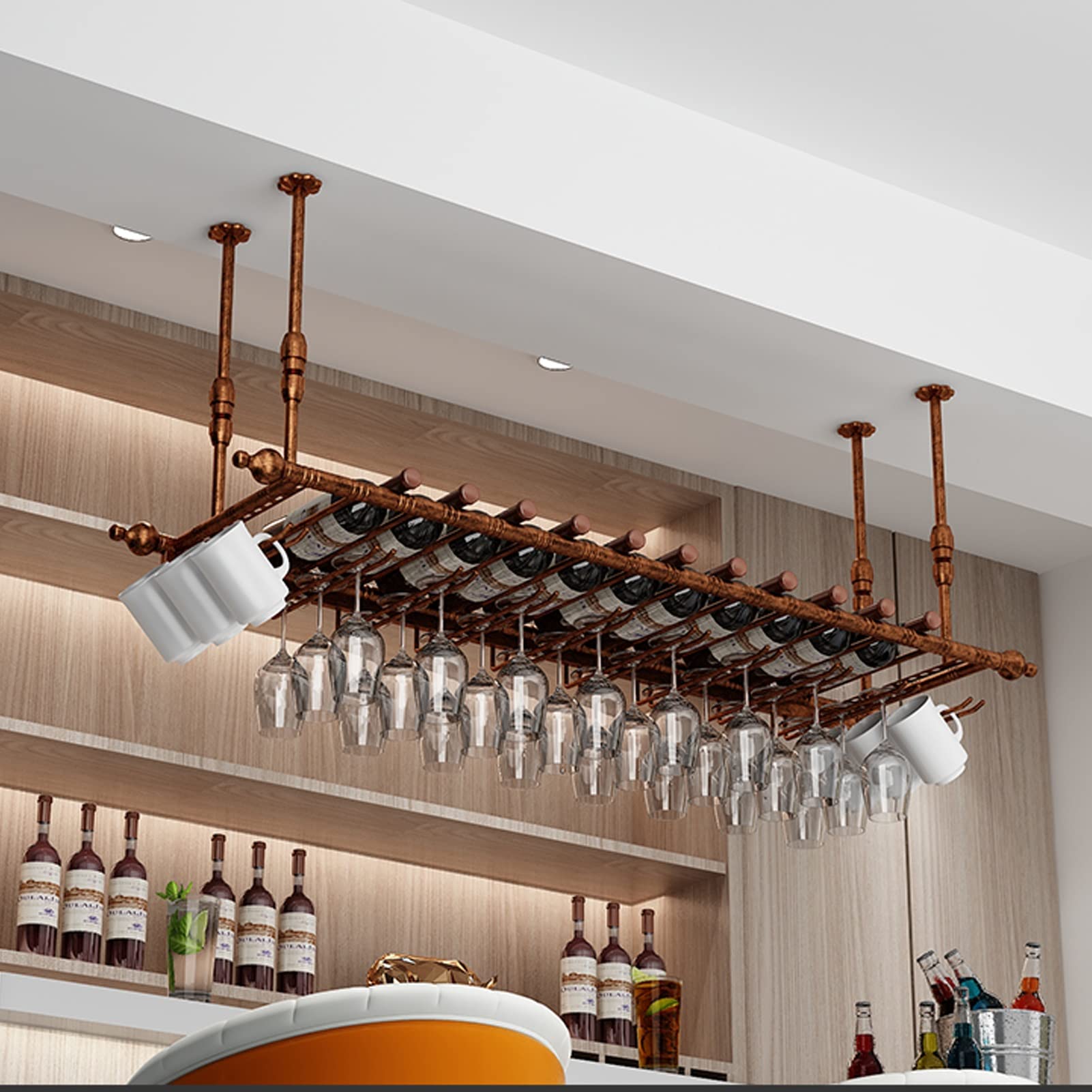 Support à bouteilles de vin de plafond en métal avec rangement pour verres à pied réglable