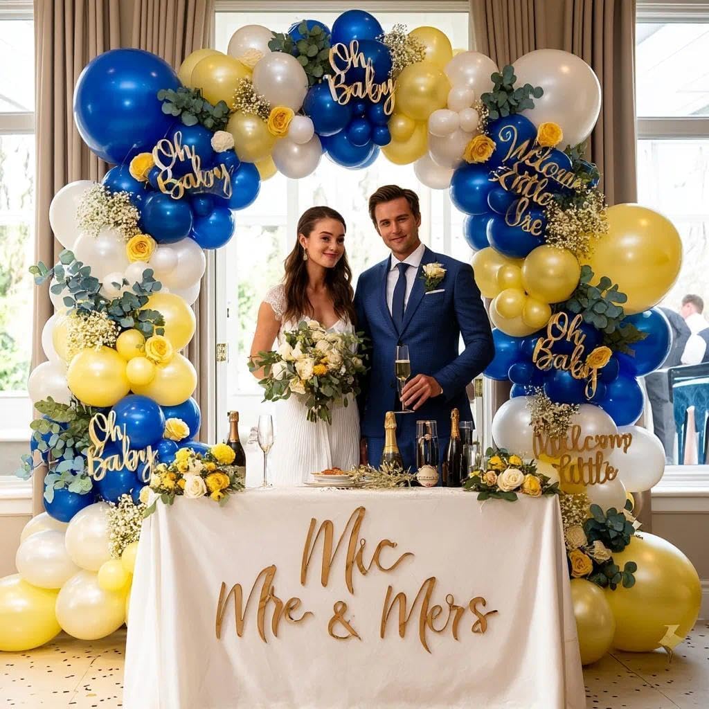 Blue Yellow Balloons Garland Double Stuffed Pearl Yellow White Royal Blue Balloon Arch Kit for Wedding Bridal Baby Shower Lemon Birthday Party Decoration