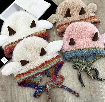Winter Plush Faux Fur Knitted Animal Hat Cozy Cute Horns Sheep Ears Beanie Cap Warm Ear Flap Thick Lining Crochet Hats 2025