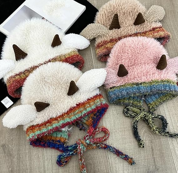 Winter Plush Faux Fur Knitted Animal Hat Cozy Cute Horns Sheep Ears Beanie Cap Warm Ear Flap Thick Lining Crochet Hats 2025