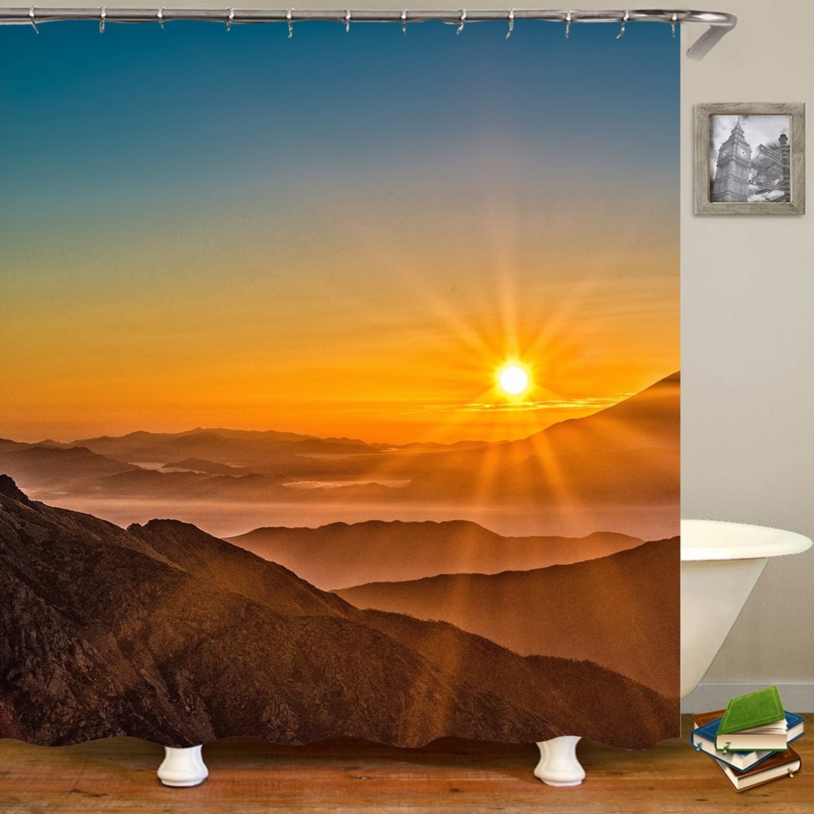 Gualiy Cortina de ducha impermeable, cortina de ducha de montaña y puesta de sol, multicolor, 165 x 200 cm