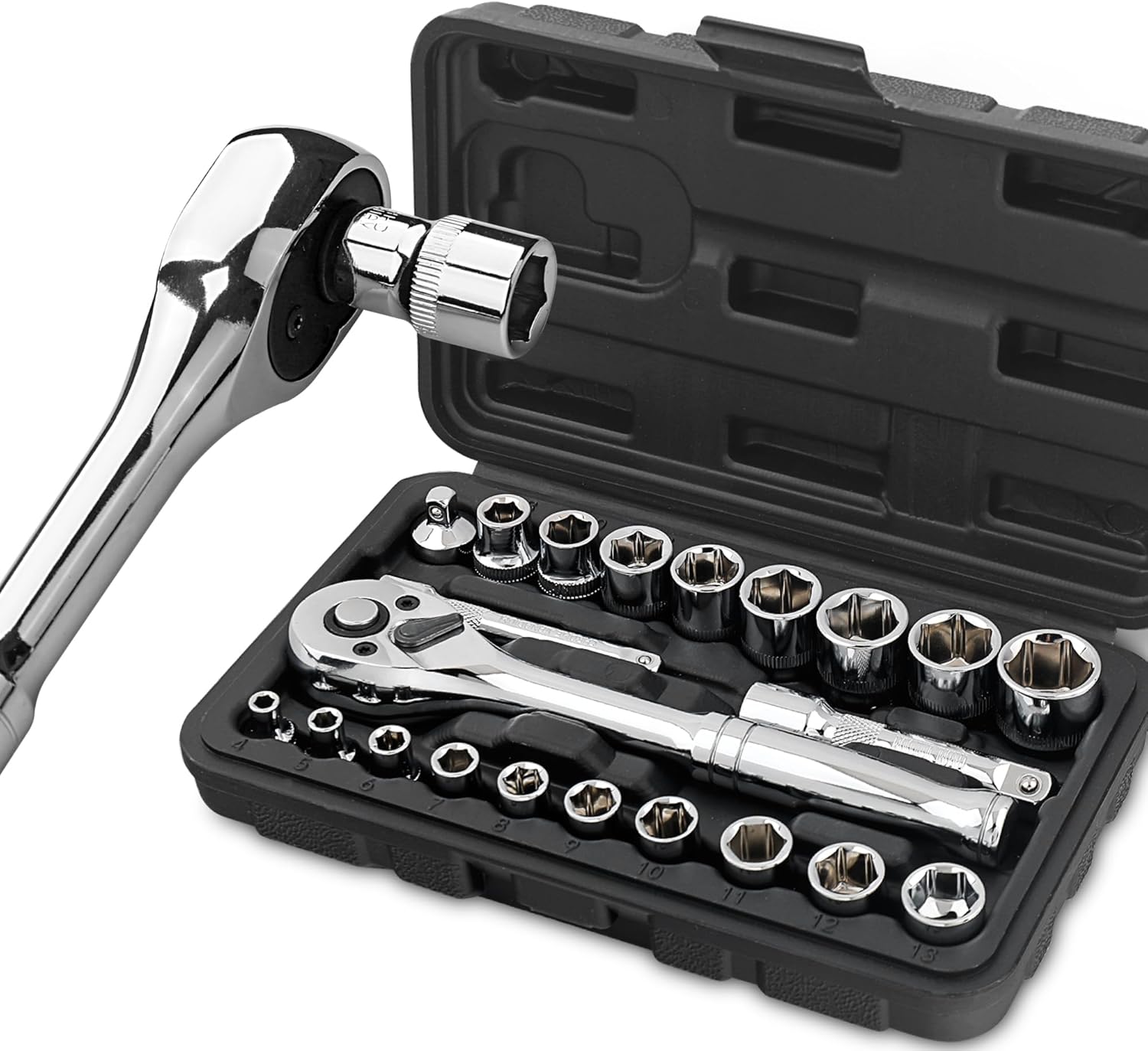 Hi-Spec 22pc Metric Socket Set 1/4” & 3/8” Drive with Ratcheting Wrench, Extension Bars in Compact Tool Case.