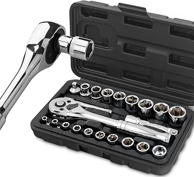 Hi-Spec Juego de Llaves de Vaso Métricas 22 Piezas con Carraca 1/4 y 3/8, Vasos Métricos, Barras de Extensión y Estuche Compacto para Bricolaje, Coche, Hogar, Garaje y Taller uso diario