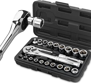 Hi-Spec 22-Piece Metric Socket Set 1/4" & 3/8" Drive with Reversible Ratchet, Extension Bar, Adaptor & Ratcheting Wrench in Compact Carry Case