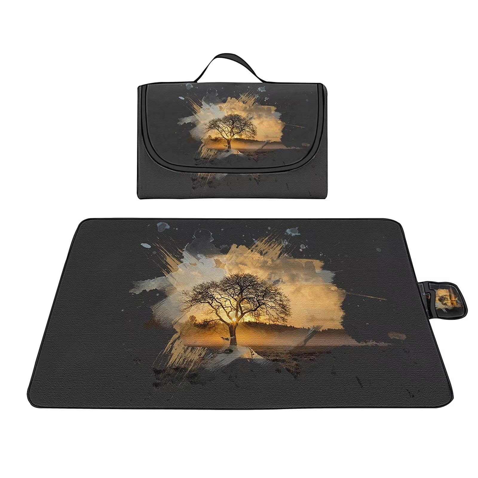 Couverture Pique-nique Imperméable 100x150cm,Couverture Plage Extérieure XXL,Arbre brun au coucher du soleil Camping Couverture étanche Pique-nique avec Poignée pour Camping Randonnée Parc Plage