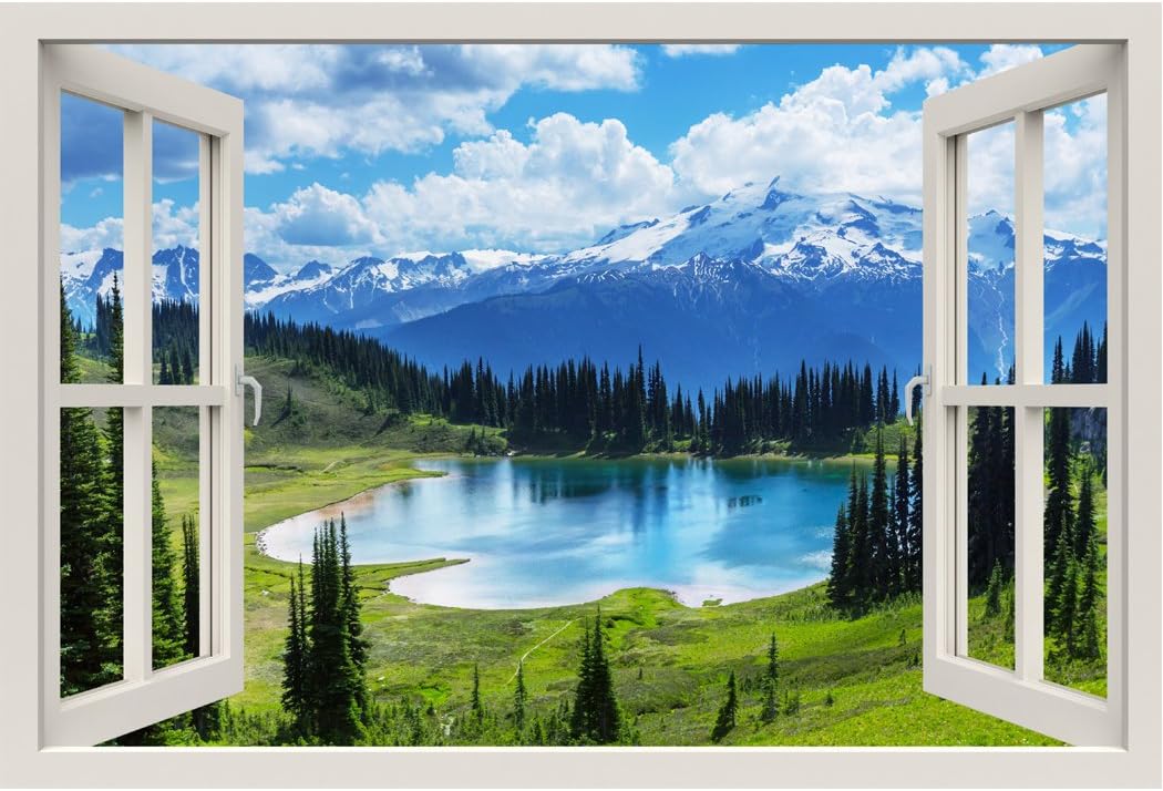 RoyalWallSkins Window Frame Mural Cool Water of the Lake - Huge Size - Peel and Stick Fabric Illusion 3D Wall Decal Photo Sticker