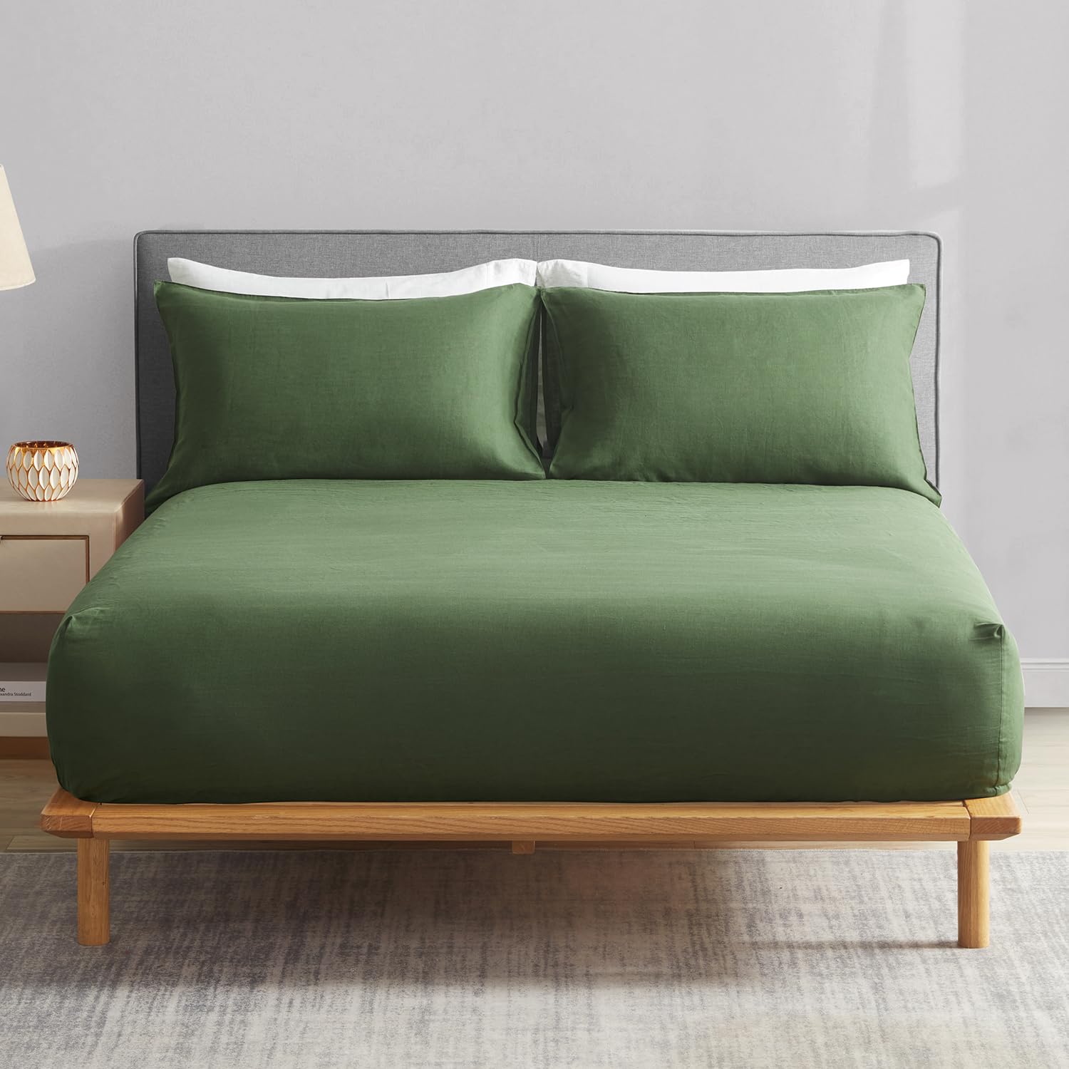 DAPU 100% French Linen Fitted Sheet Mattress Cover (1 Piece) with 16 Inch Deep Pocket, Pure Natural French Flax from Normandy, Ultra Soft, Breathable and Durable (Olive Green, Full).