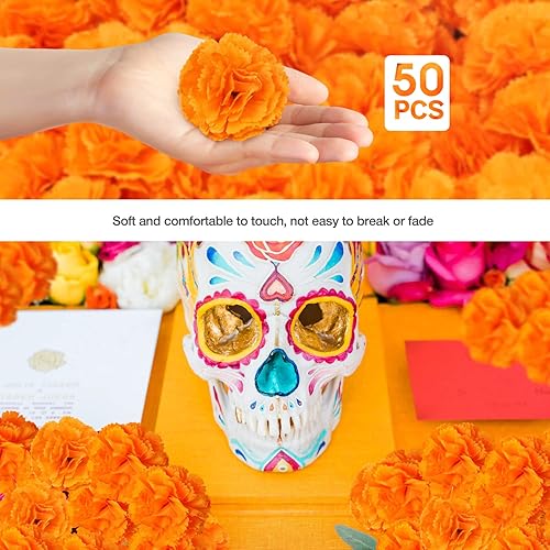 Miniatura 3 de Hommtina 40 flores de caléndula artificiales de seda, flores mexicanas para decoración de baby shower, boda, fiesta, decoración de Halloween,