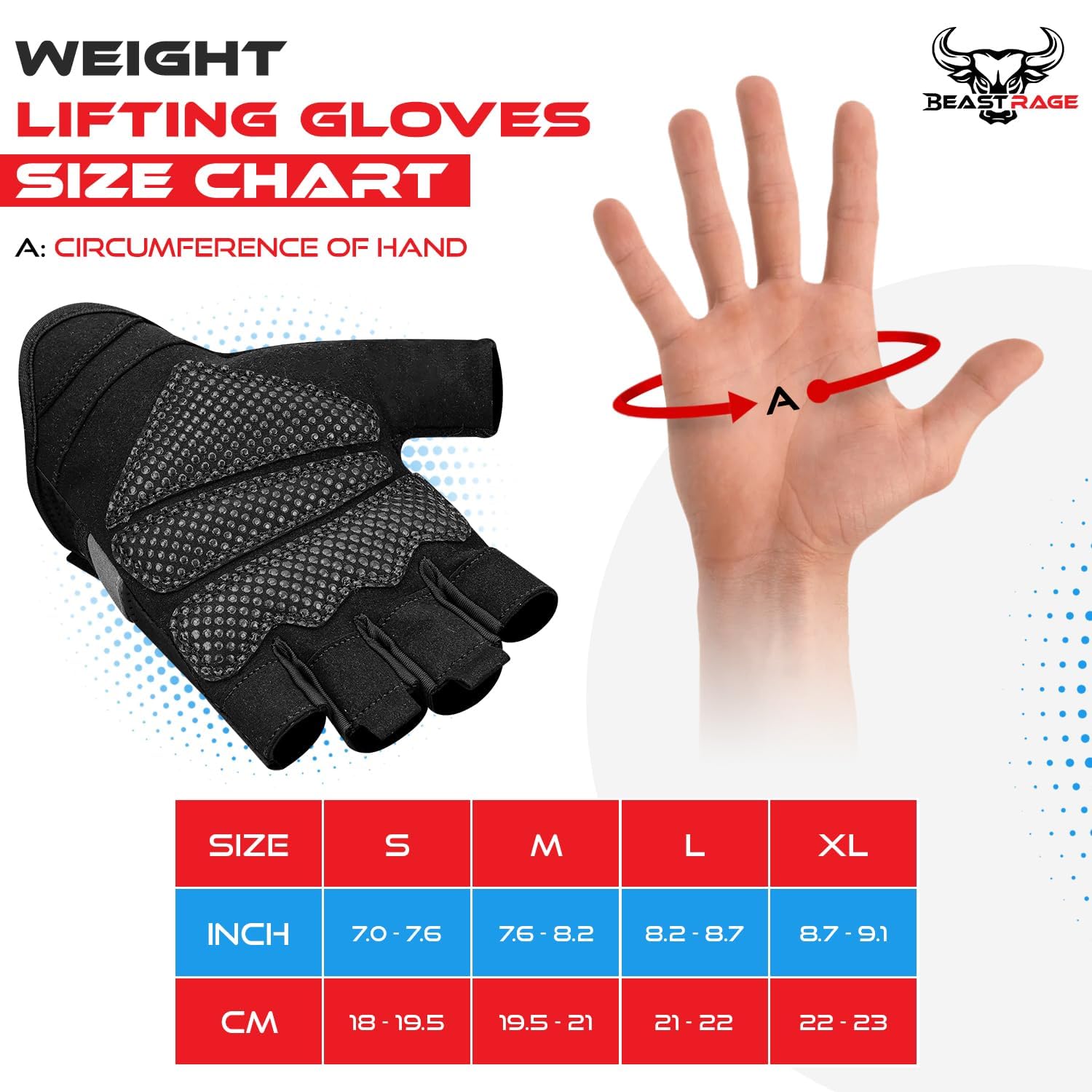 BEAST RAGE Fingerless Weight Lifting Gloves with Palm Protection Padding, Breathable Lightweight Gym Gloves for Men, Women, Weightlifting, Cycling, Exercise, Training Pull Up