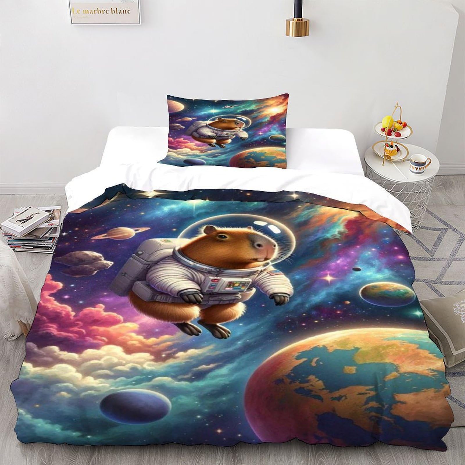 SHOVERKD Capybara Space Bedding Set 2 Pieces 3D Digital Printing Animal Themes Wildlife Duvet Cover Set Chic Breathable Comforter Cover Girl Woman with Pillowcase Single（135x200cm）