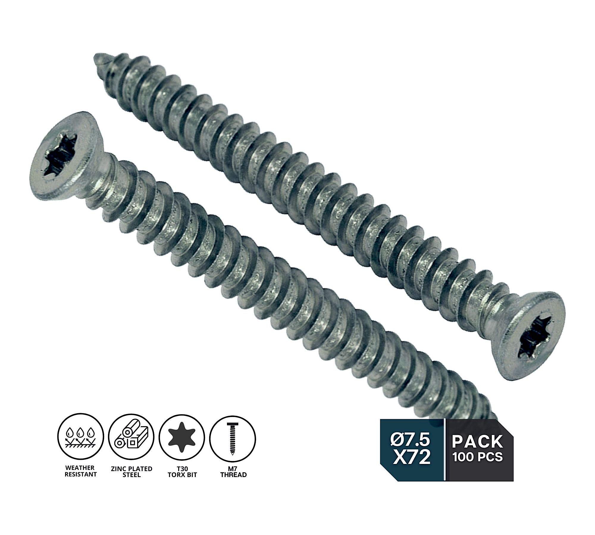 DOJA Industrial | Betonschrauben Torx 7,5mm X 72mm | PACK 100 | Rundkopf Spanplattenschrauben Schraube-Anker | Stahl Verzinkt Flachkopf Universalschrauben | Senkkopfschrauben/Holzschrauben Torx
