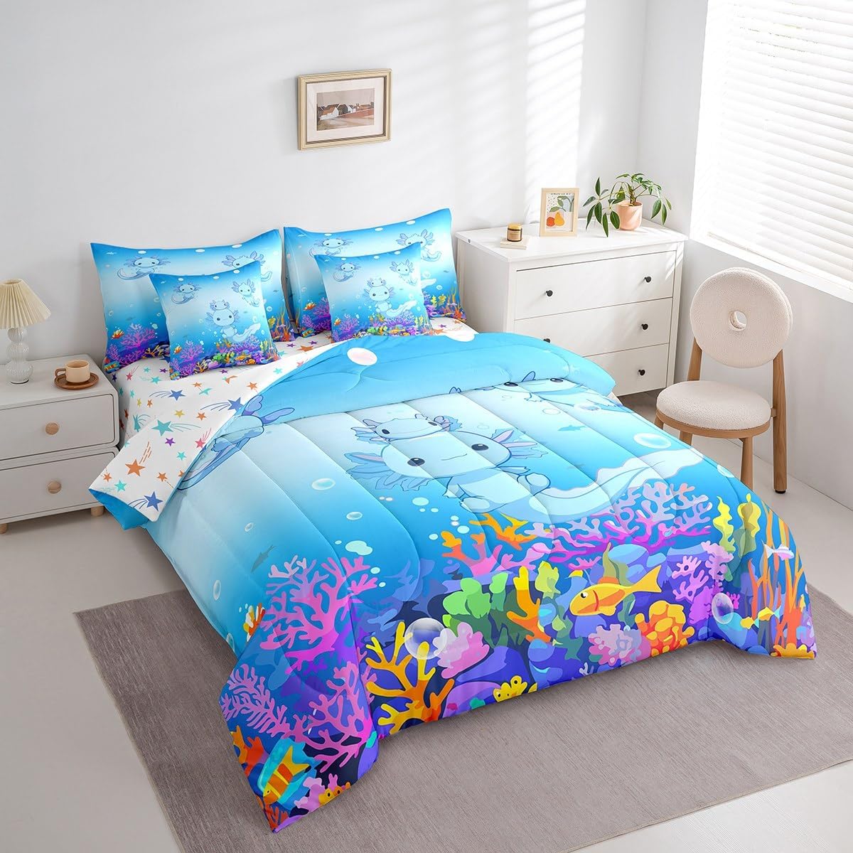 Feelyou Kids Cute Axolotl 7 Pieces Bedding Set Twin Size, Ocean Sealife Bed in A Bag Boys Girls Kawaii Comforter Set with Sheets Cartoon Salamander Teens Bed Set Bedroom Decor 7Pcs