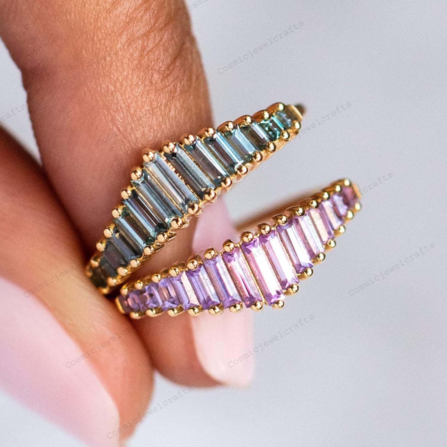 Baguette Cut Pink Amethyst Ring 14K Yellow Gold February Birthstone Engagement Ring Statement Personalized Jewelry Birthday Gift for Women