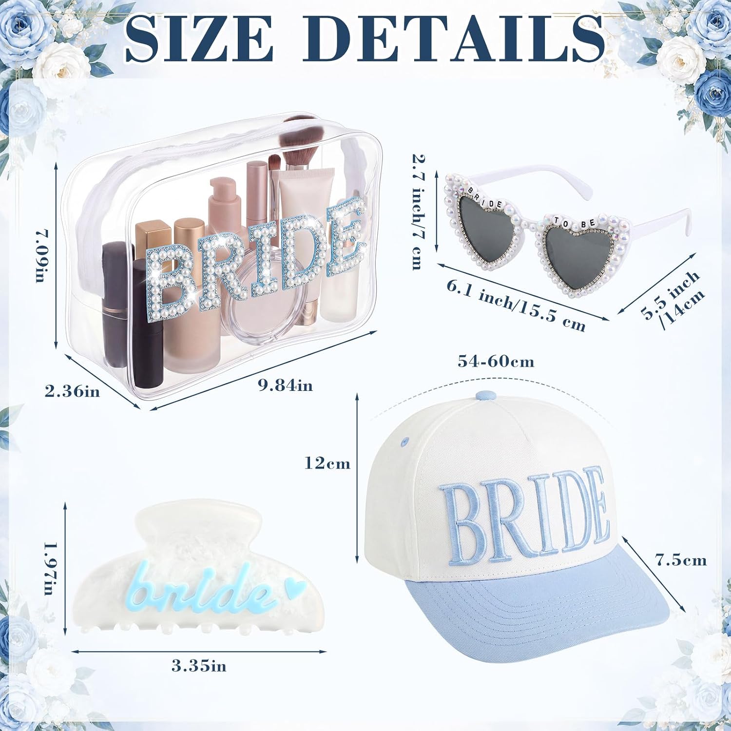 Kacctyen 5 Pcs Bride to Be Gift Set Something Blue Bridal Shower Gifts for Women, Bachelorette Party Future Mrs Engagement Present- Bride Baseball Hat Makeup Bag Sunglasses Socks Hair Claw Clip