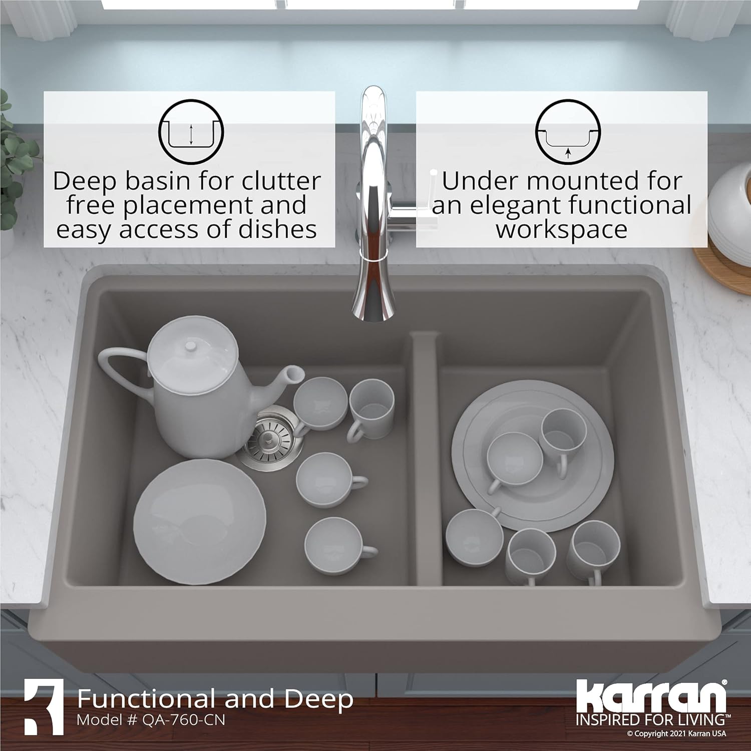 Karran Farmhouse Apron Front Quartz Composite Kitchen Sink, 34 in. 60/40 Double Bowl Low Divide, Heat & Scratch Resistant, Rear Drain (Concrete)