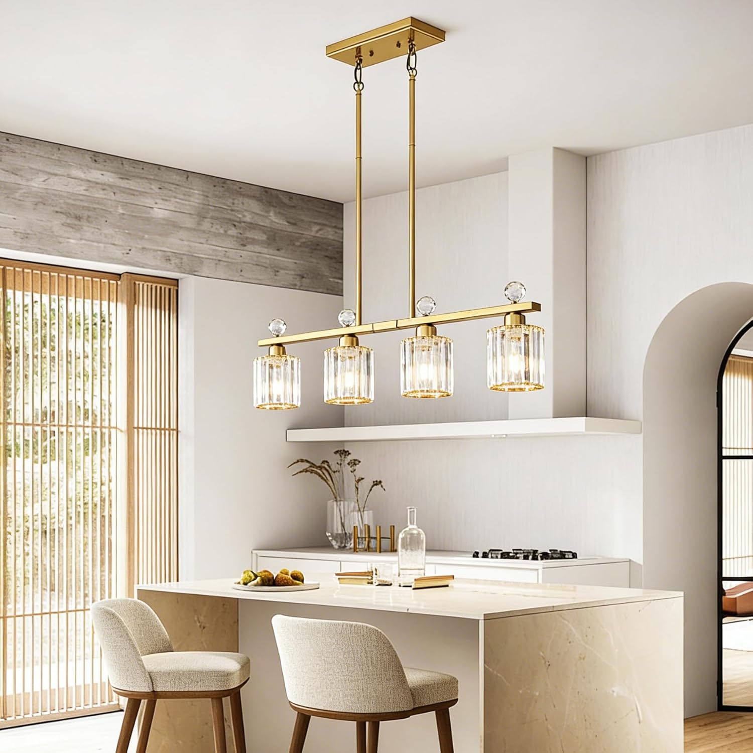 Modern Dining Room Light Fixture Over Table, Crystal Pendant Lights Kitchen Island, Chandeliers for Dining Room Kitchen Light Fixtures (E26) 4-Light Gold