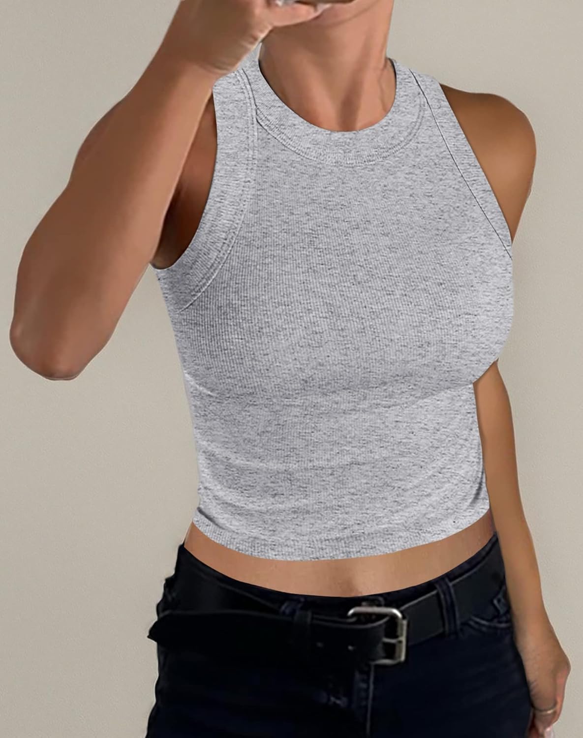 GEMBERA Womens Sleeveless High Neck Racerback Ribbed Knit Fitted Basic Cotton Cropped Tank Top - Image 8