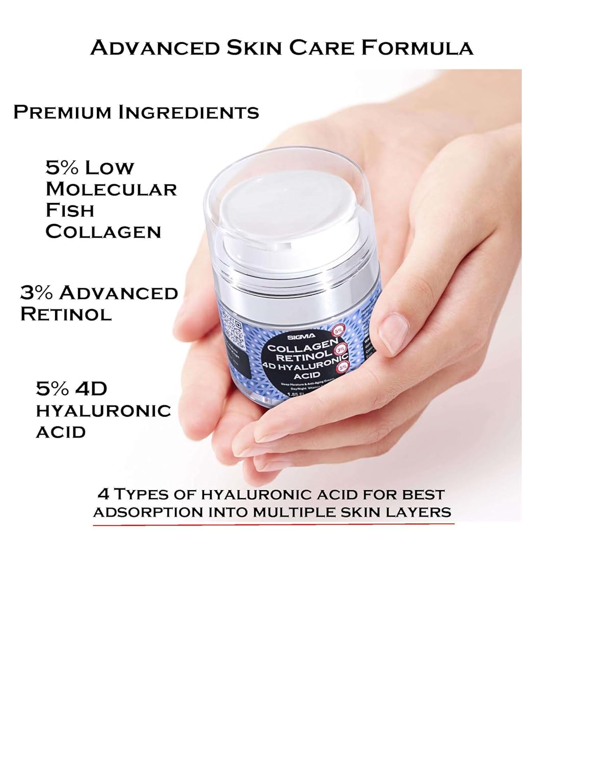 Anti-Aging Face Cream $8.11/oz - 5% Marine Collagen 3% Retinol 5% Hyaluronic Acid - Wrinkle Firming Moisturizer Face Neck - Professional Strength 3.7oz - 1 Finger Cream Dispenser - Image 6