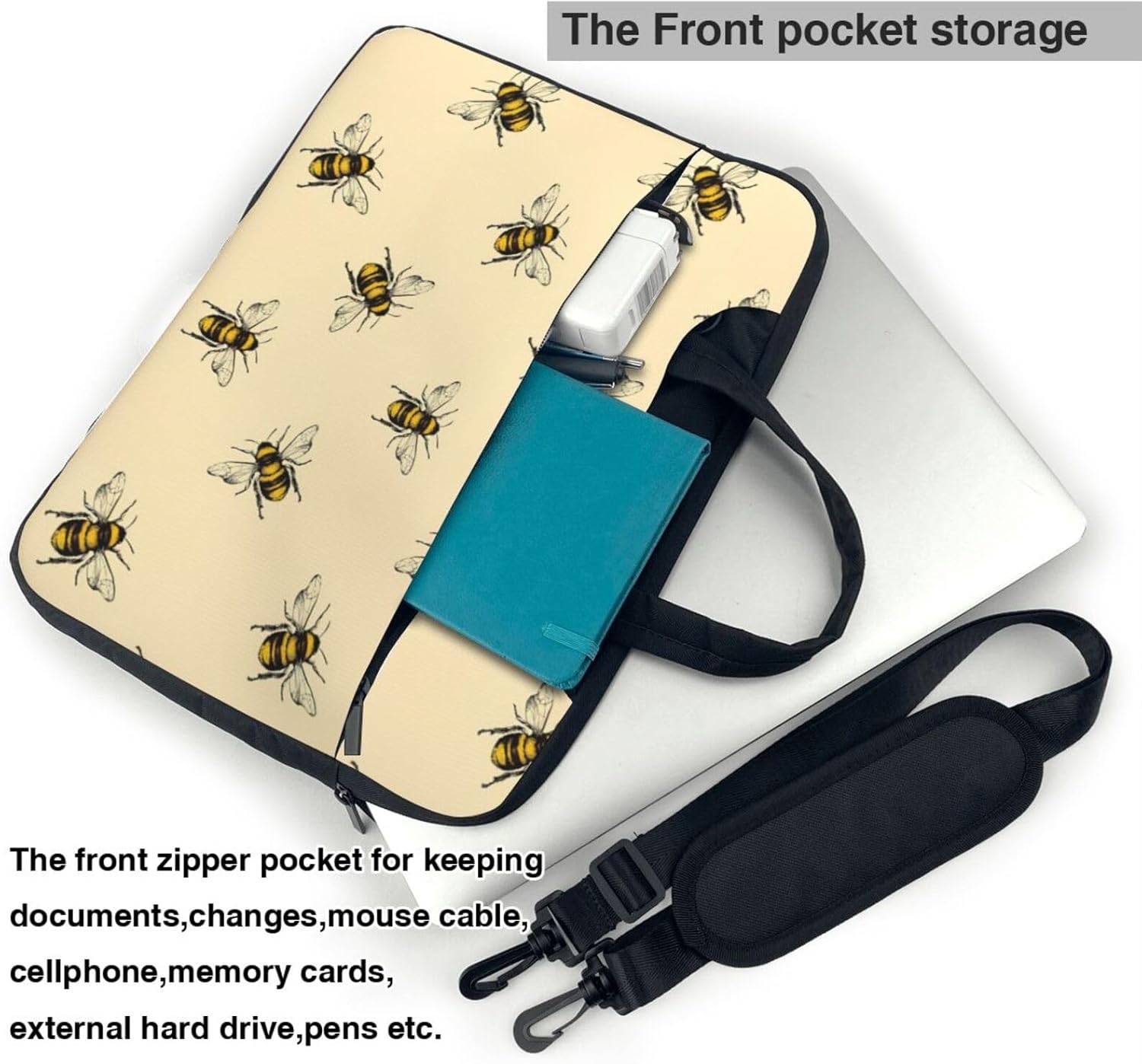 Honey Bee Print Laptop Shoulder Bag Messenger Bag Notebook with Accessories Pocket 13/14/15.6 inch, Black, 15.6 inch
