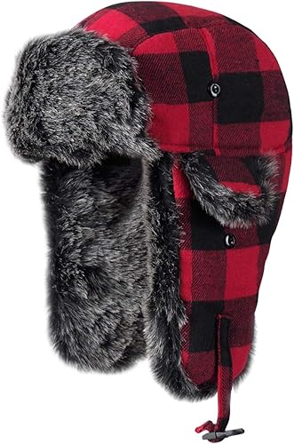 ONWAY Buffalo - Sombrero de aviador de piel de aviador a cuadros Ushanka Eskimo sombrero de bomber ruso con orejeras para mujeres y hombres Amarillo