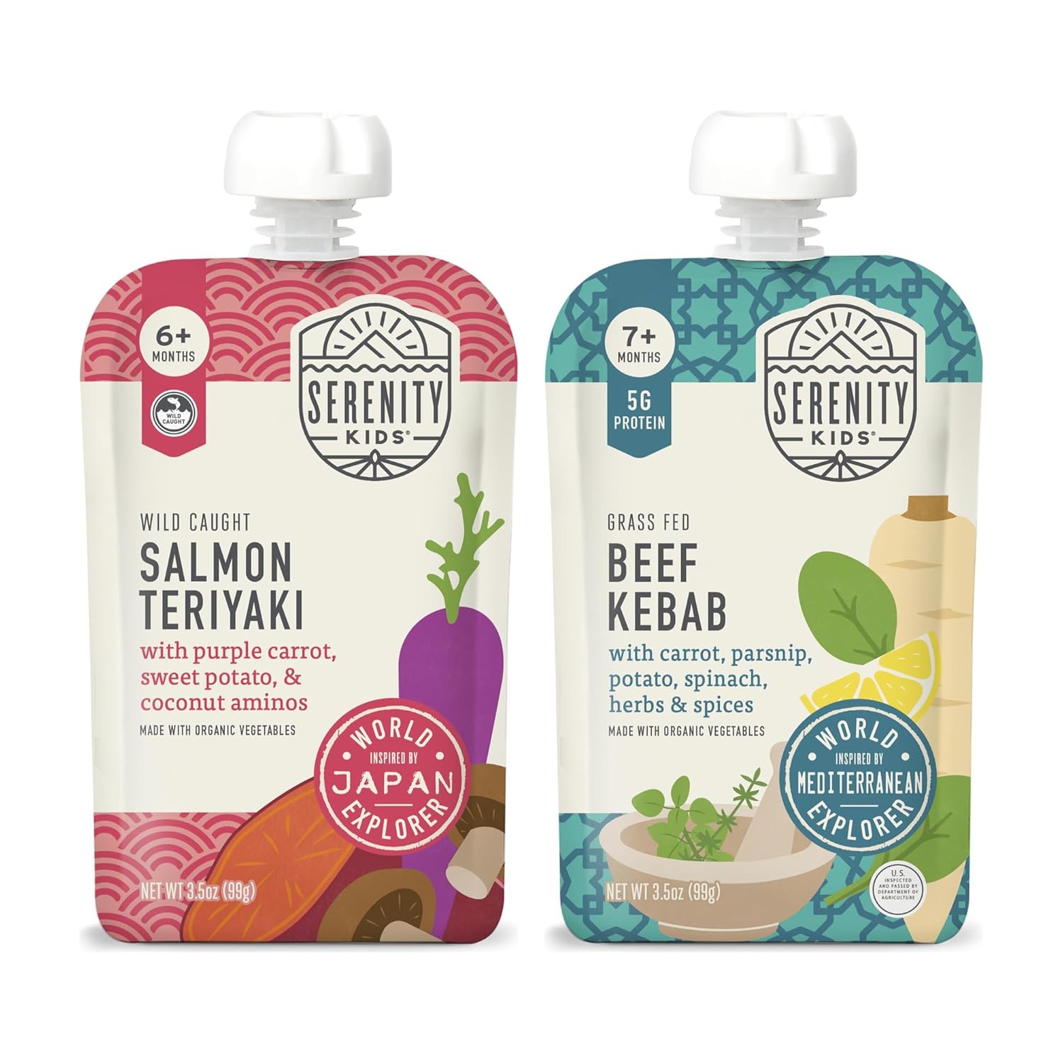 Serenity Kids World Explorers Baby Food Pouches Variety Bundle - Salmon Teriyaki & Beef Kebab Purees - 5g Protein Toddler Snacks - 3.5 Oz, Pack of 24, 7+ Months