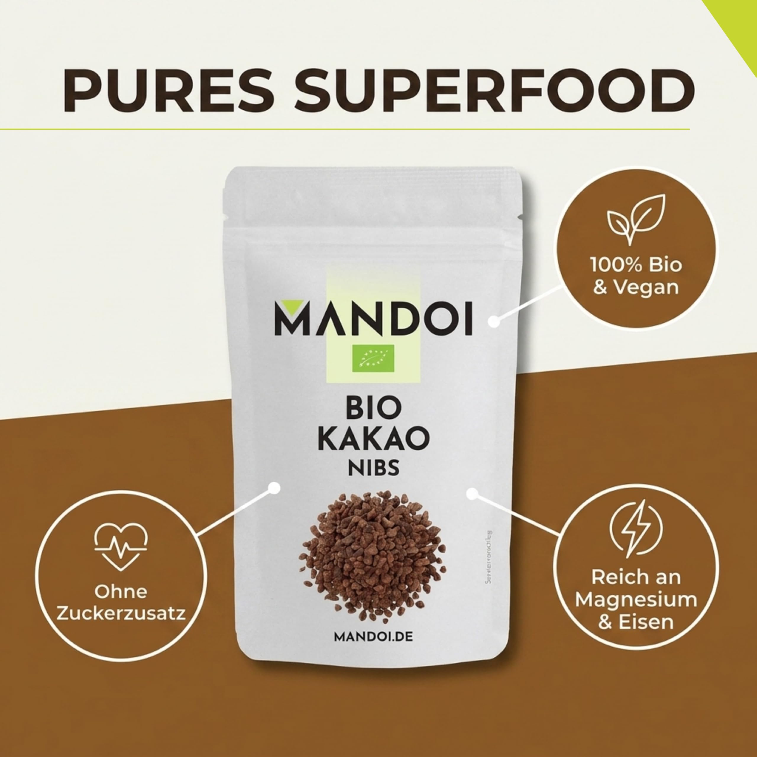 Mandoi Bio Kakaonibs 500g, aus ökologischem Anbau | besonders hochwertige Kakao Nibs, organic cocoa. Als Snack, Müsli oder zum Backen