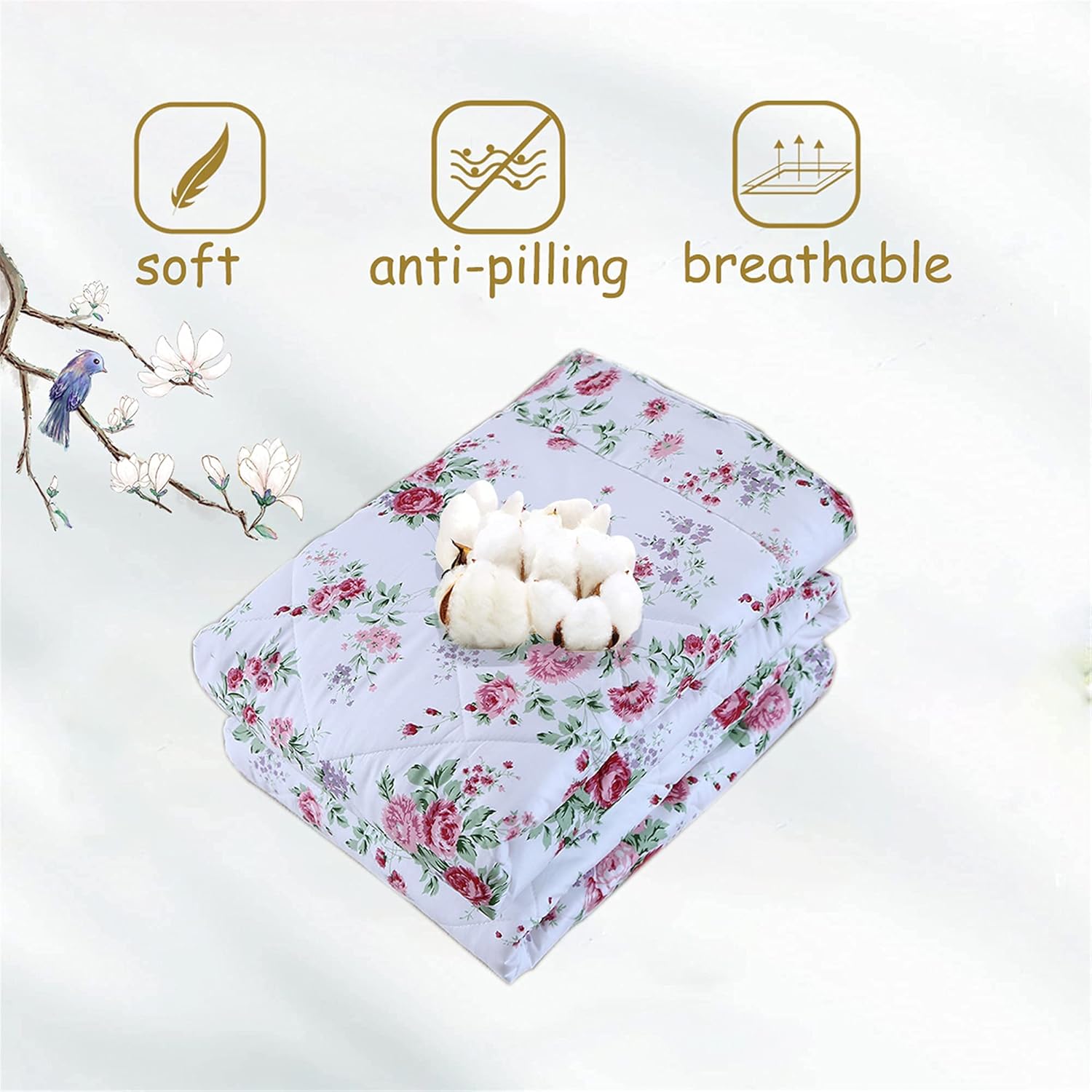 FADFAY Rose Floral Comforter Set Queen Shabby Floral Summer Quilt 100% Cotton Fabric with Bed Sheet Bedding Lightweight Reversible All Season Down Alternative Duvet Insert 7Pcs, Queen